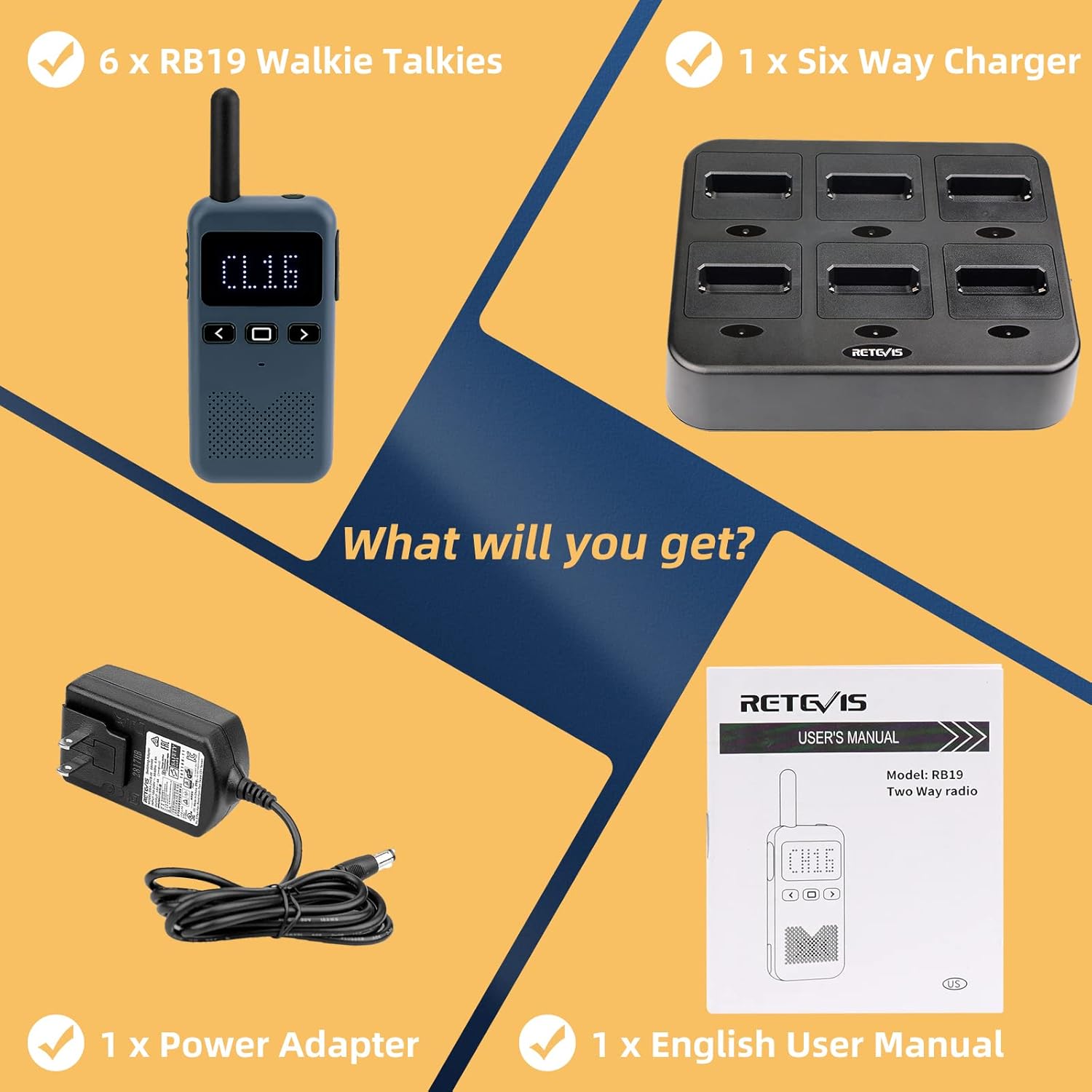 Retevis RB19 2 Way Radio with Screen,Rechargeable Two Way Radios with 6 Way Multi Gang Charger,Channel Display,1650mAh,Slim,Hands Free Walkie Talkies for Adults School Church Healthcare Bank(6 Pack)