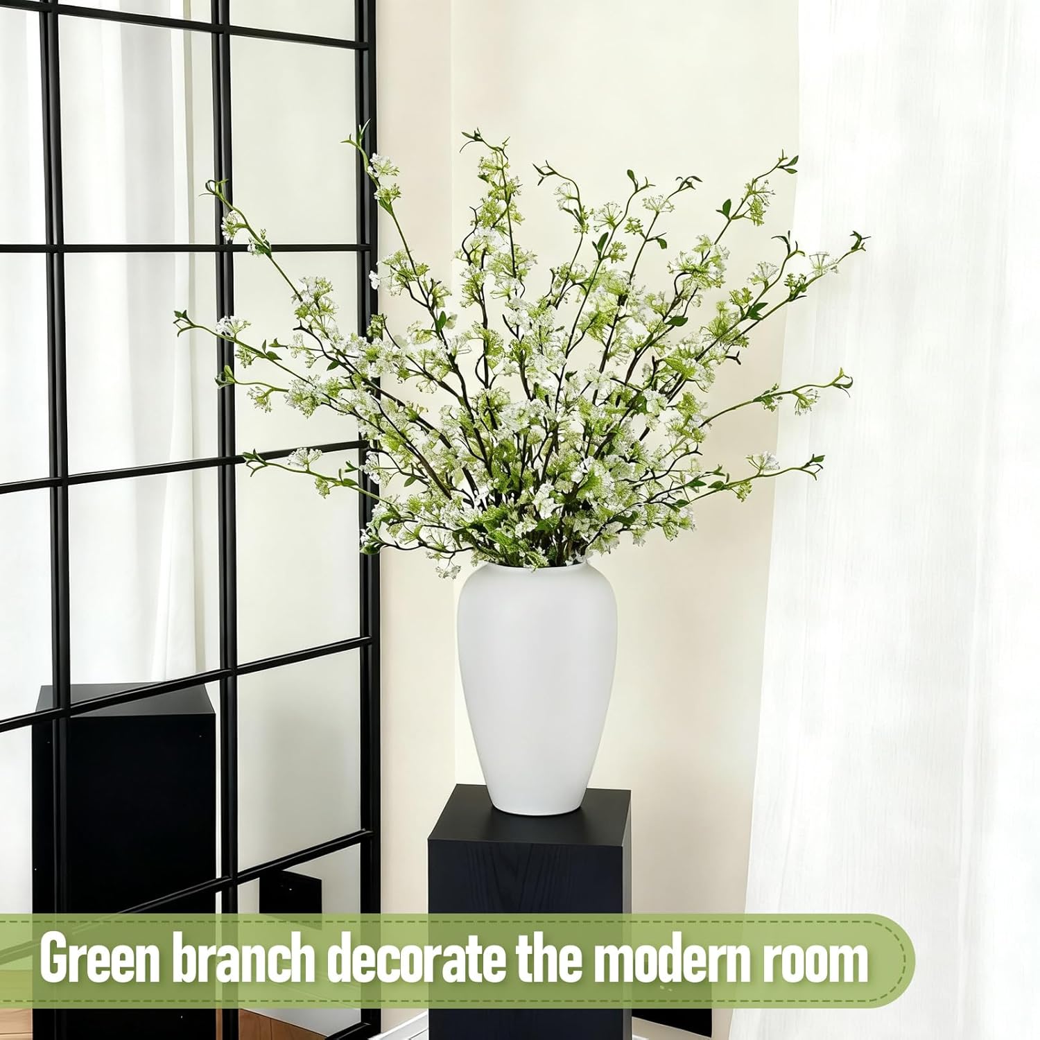 Zeyune 6 Pcs Artificial Cherry Blossom Branches with Green Buds 40", Spring Evergreen Faux Stem Plastic Plant Stem Picks Sprigs for Tall Vase DIY, Modern Home Table Wedding Indoor and Outdoor Decor Blossom Style White 6