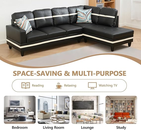 Sectional Couches for Living Room Set,Leather Sectional Sofa L Shape Couch with Chaise for Living Room/Apartment/Office(Black)