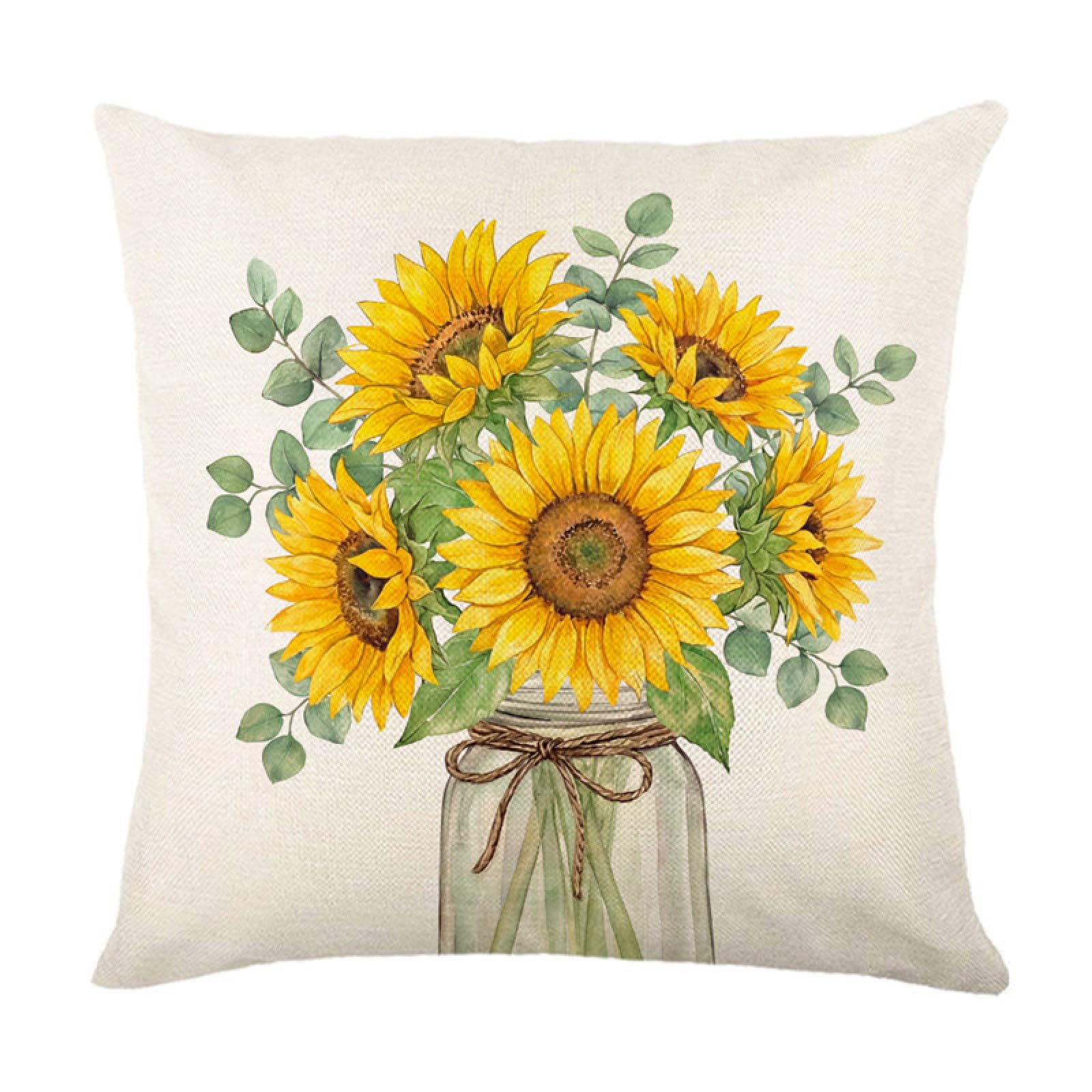 Cushion Covers 40cm x 40cm Sunflower Vase Decorative Pillows Linen Square Sofa Bed Cushions with Invisible Zipper Throw Pillow for Living Room Outdoor Pillowcases