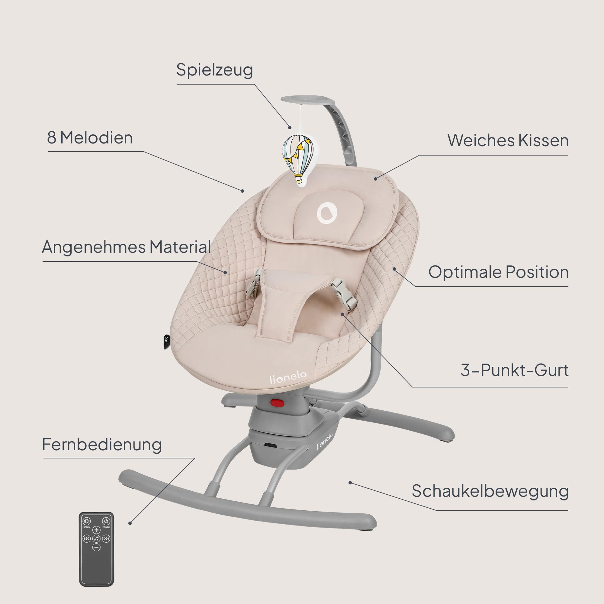 LIONELO RIO Elektrische Babywippe für Kleinkinder bis zu 9 kg | Verstellbare Rückenlehne 3 Wiegegeschwindigkeiten, Polster Sitzgurte Melodien und Geräusche der Natur Leichtes Gewicht 3,5 kg