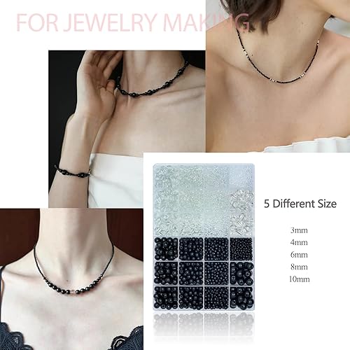 Miniatura 6 de 2140 cuentas de vidrio negro y transparente para hacer pulseras de 0.157 in, 0.236 in, 0.315 in, cuentas de vidrio redondas transparentes negras