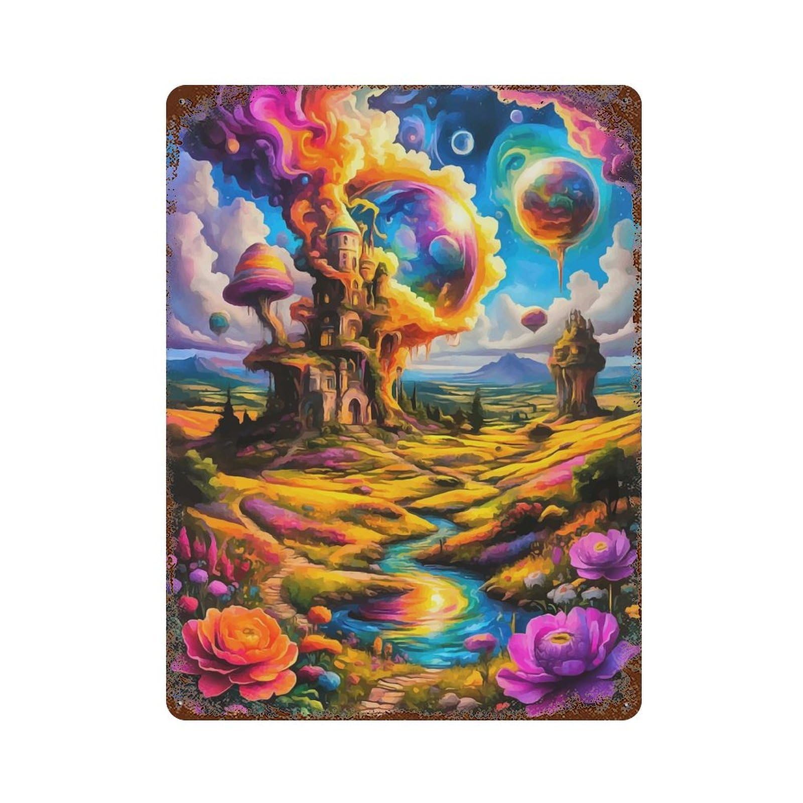 Garage Style Psychedelic Fantasy Landscape with Castle Rust Effect Tin Sign 15.7"x11.8", Vintage Wall Decor for Bar And Workshop