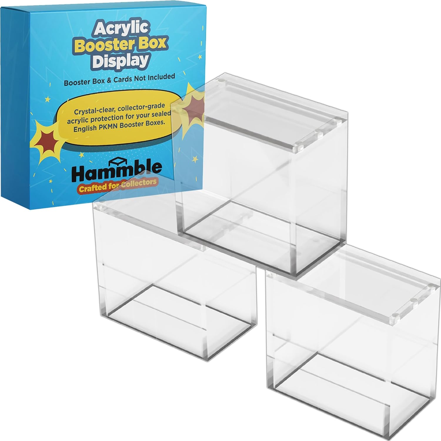 3 Pack Acrylic Booster Box Display Case by Hammble – Magnetic Lid, 8mm Thick Walls, UV Protection – Fits Standard English PKMN Booster Boxes – Hammble Crafted for Collectors