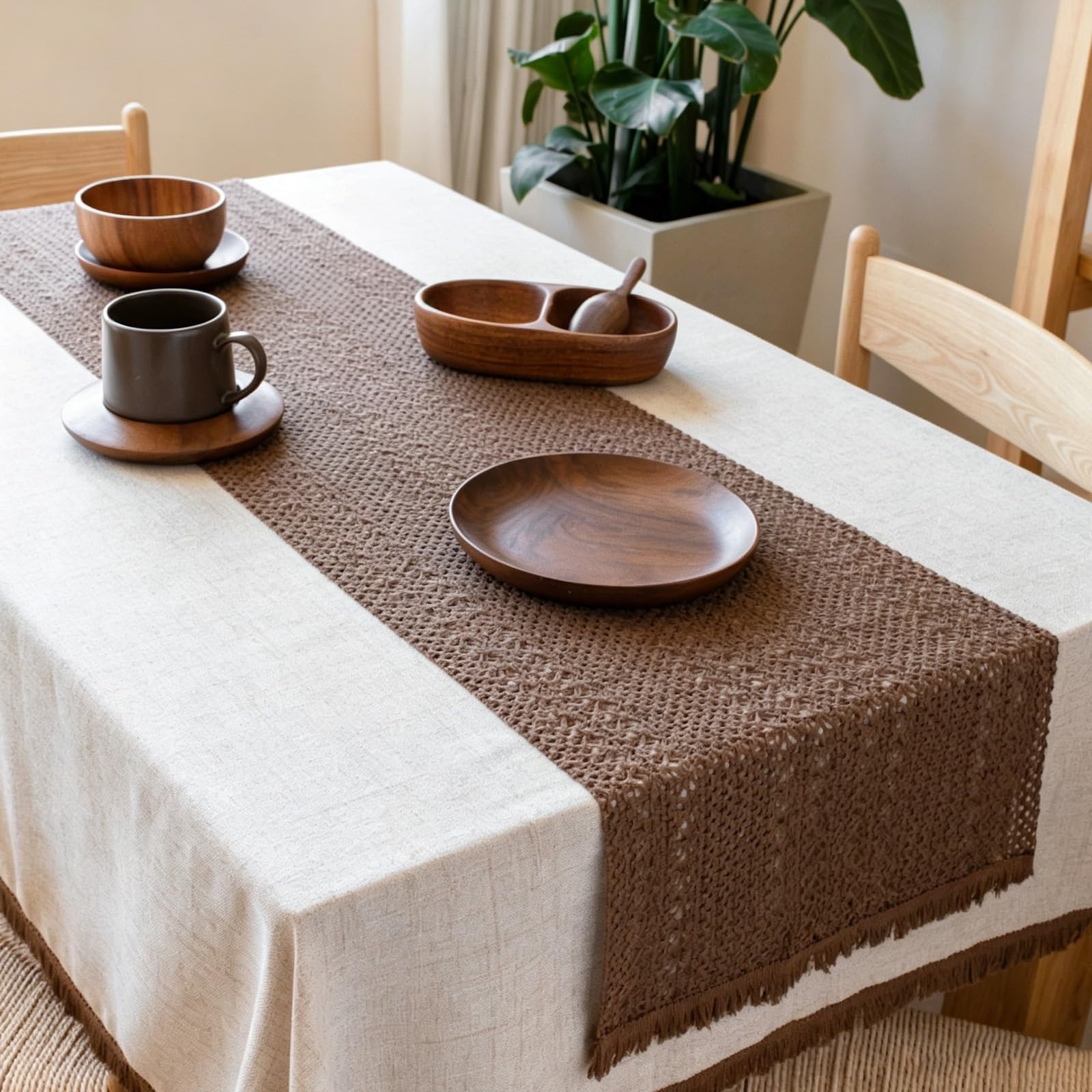 Coffee-colored Table Runner,Woven Design,Finished with Tassels,Suitable for Dining Tables, Sideboards, and Minimalist Home Interiors.(L300cm/118.1in)