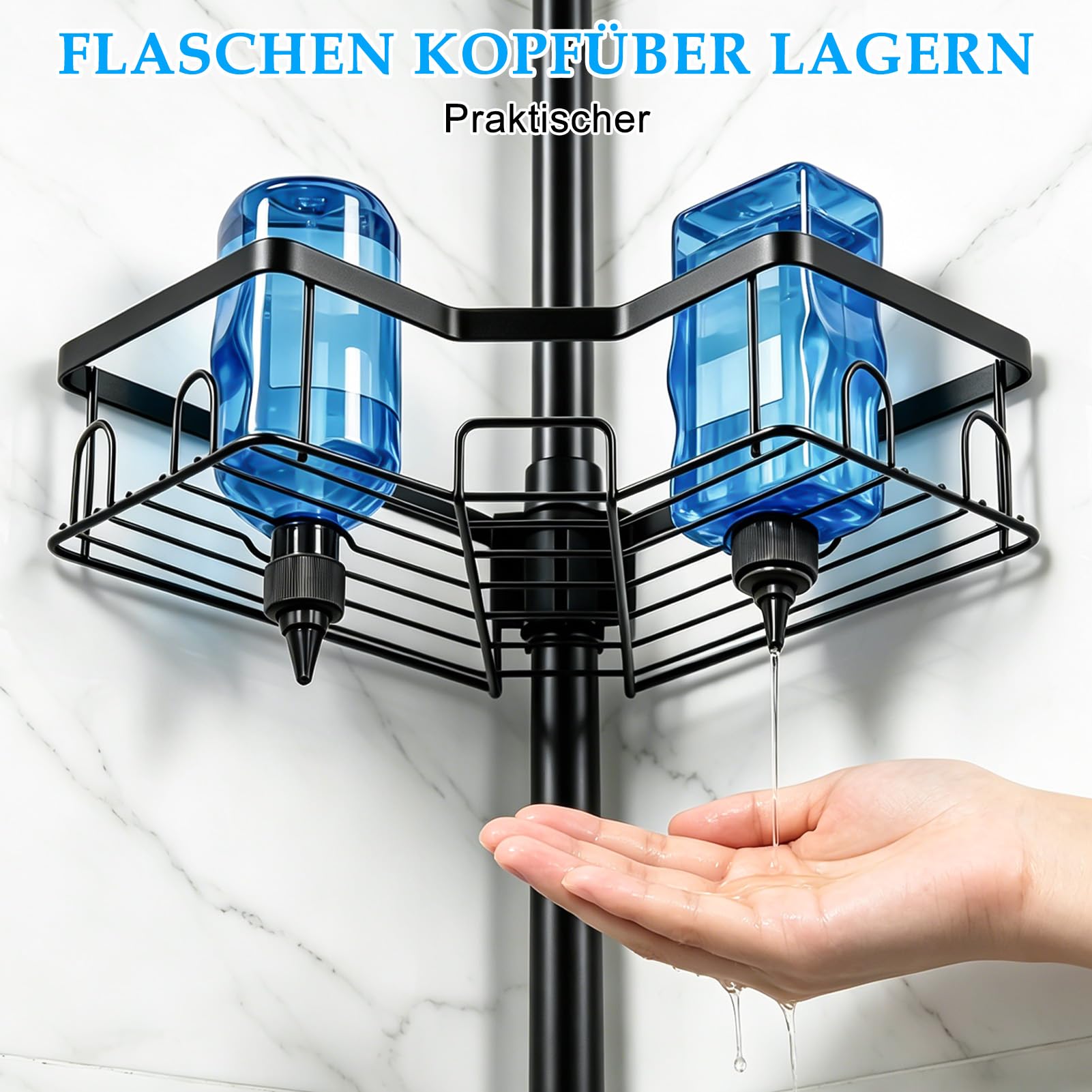 Duschablage ohne Bohren, Duschablage, Badezimmer Organizer – L-förmiges 4-Ebenen Eckregal aus Carbonstahl, matt schwarz, 85-316 cm, 25 mm Rohr, höhenverstellbar, verstellbare Ebenen