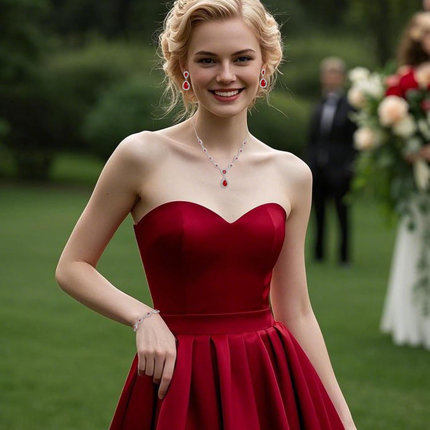 BriLove Wedding Bridal Jewelry Set for Women Cubic Zirconia Teardrop Y-Necklace Link Bracelet Dangle Earrings for Party Prom Accessories - Image 2