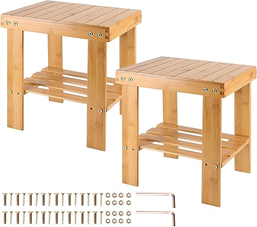 HOIGON Paquete de 2 taburetes de bambú de 13 pulgadas, taburete de bambú con estante de almacenamiento, taburete de bambú para el hogar, jardín, baño