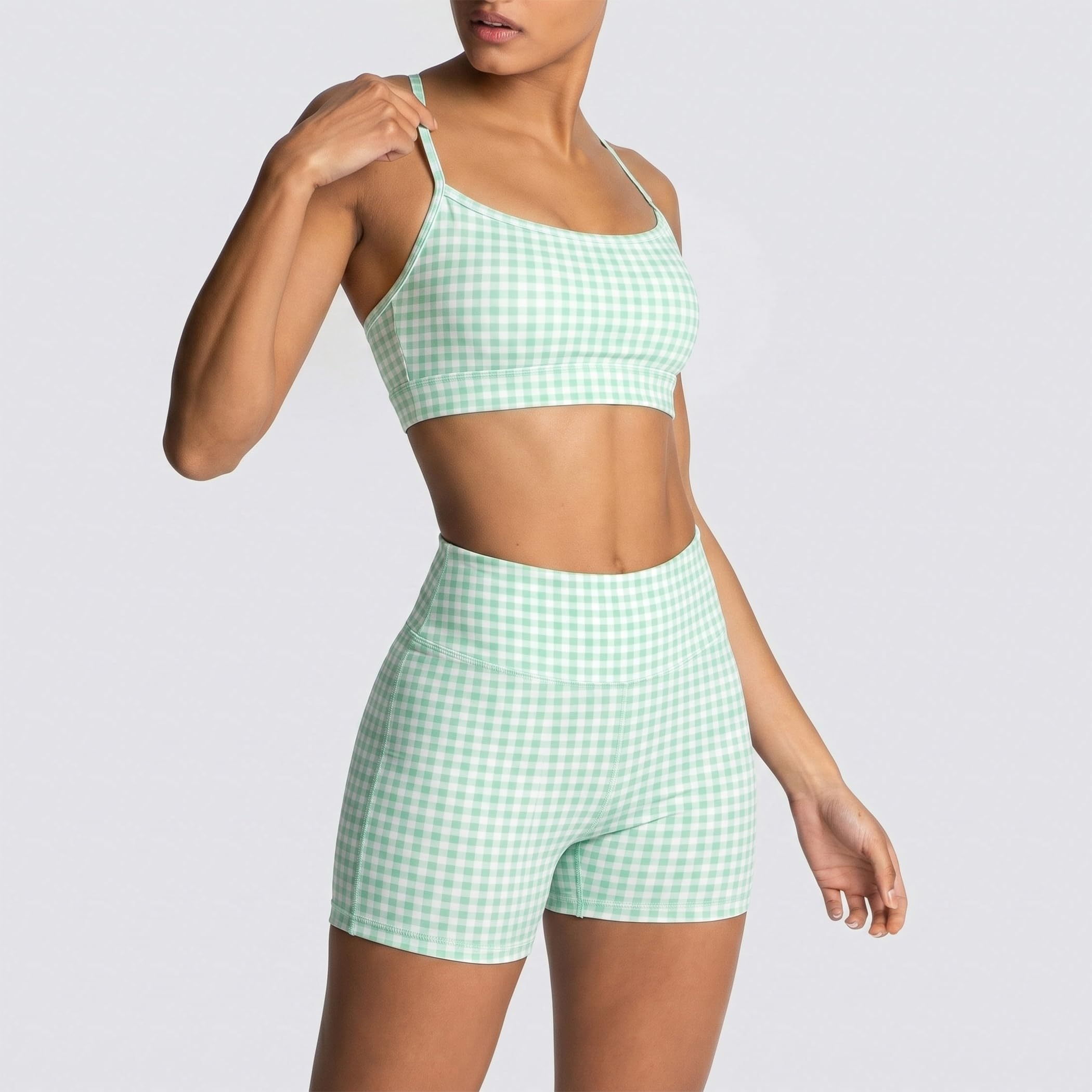 2-teiliges Workout-Set für Damen, Yoga, Pilates, Outfits, Fitnessstudio, passende Sets, Gingham-Muster, Small