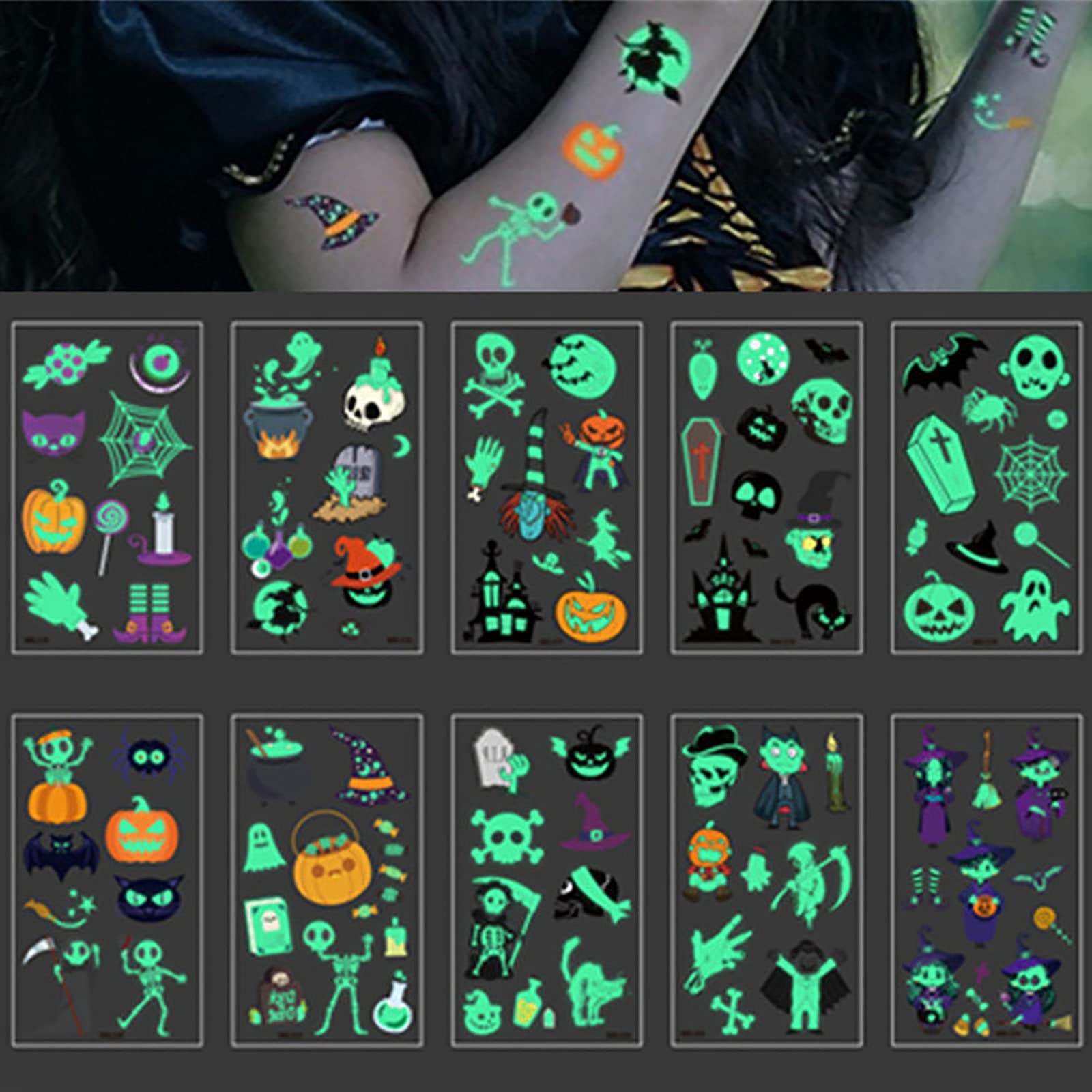 Amazon.com : Halloween Luminous Temporary Tattoos for Kids,10 Sheets  Pumpkin Skeleton Skull Witch Spider Bat Ghost Cat Tombstone Design for  Children Gifts,Glow in the dark,Fluorescent Fake Tattoos Party Decoration :  Beauty &