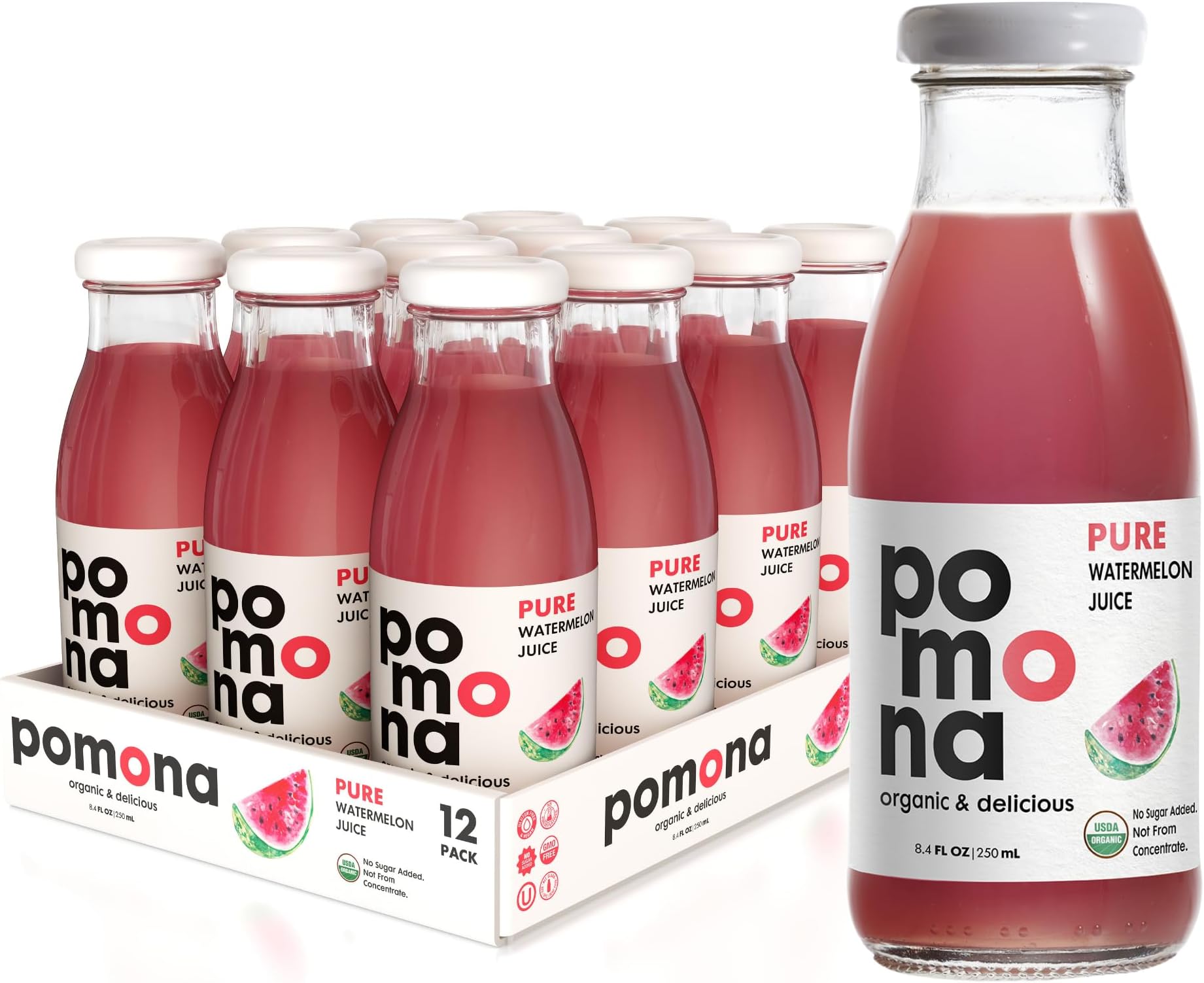 - Pomona Organic Juices Pure Watermelon Juice, Cold Pressed Organic Juice, Non-GMO, No Sugar Added, Not from Concentrate, Gluten Free, Kosher Certified, Preservative Free, 8.4 Ounce (Pack of 12)