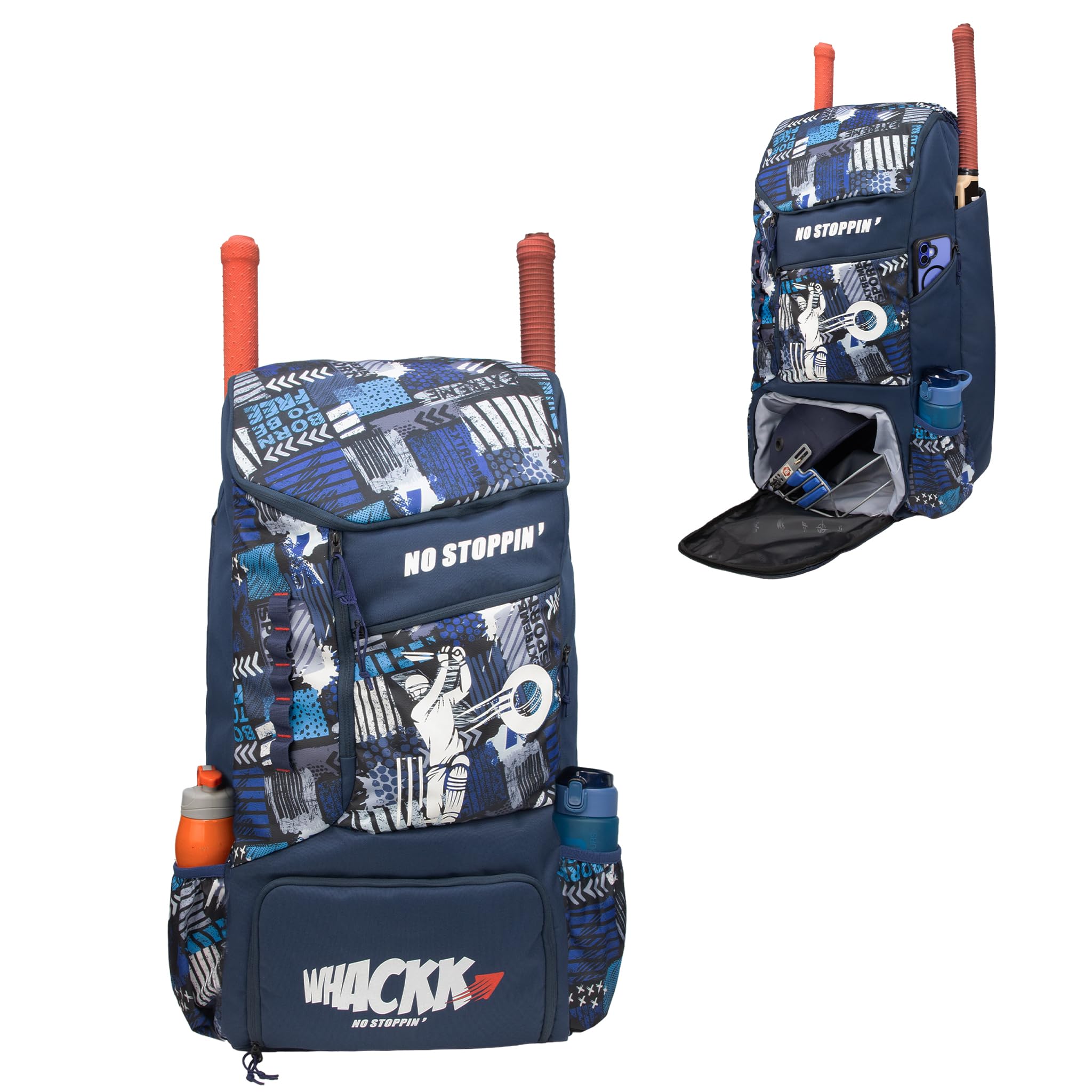 Whackk Polyester Kallis Navy Printed 103L Unisex Cricket Kit Bag Backpack|Adult Size|2 Bat|Shoe/Helmet Pocket|Main Compartment 18" Leg Pad|2 Bottle Holder|Easy Access Pocket|Player Edition Senior