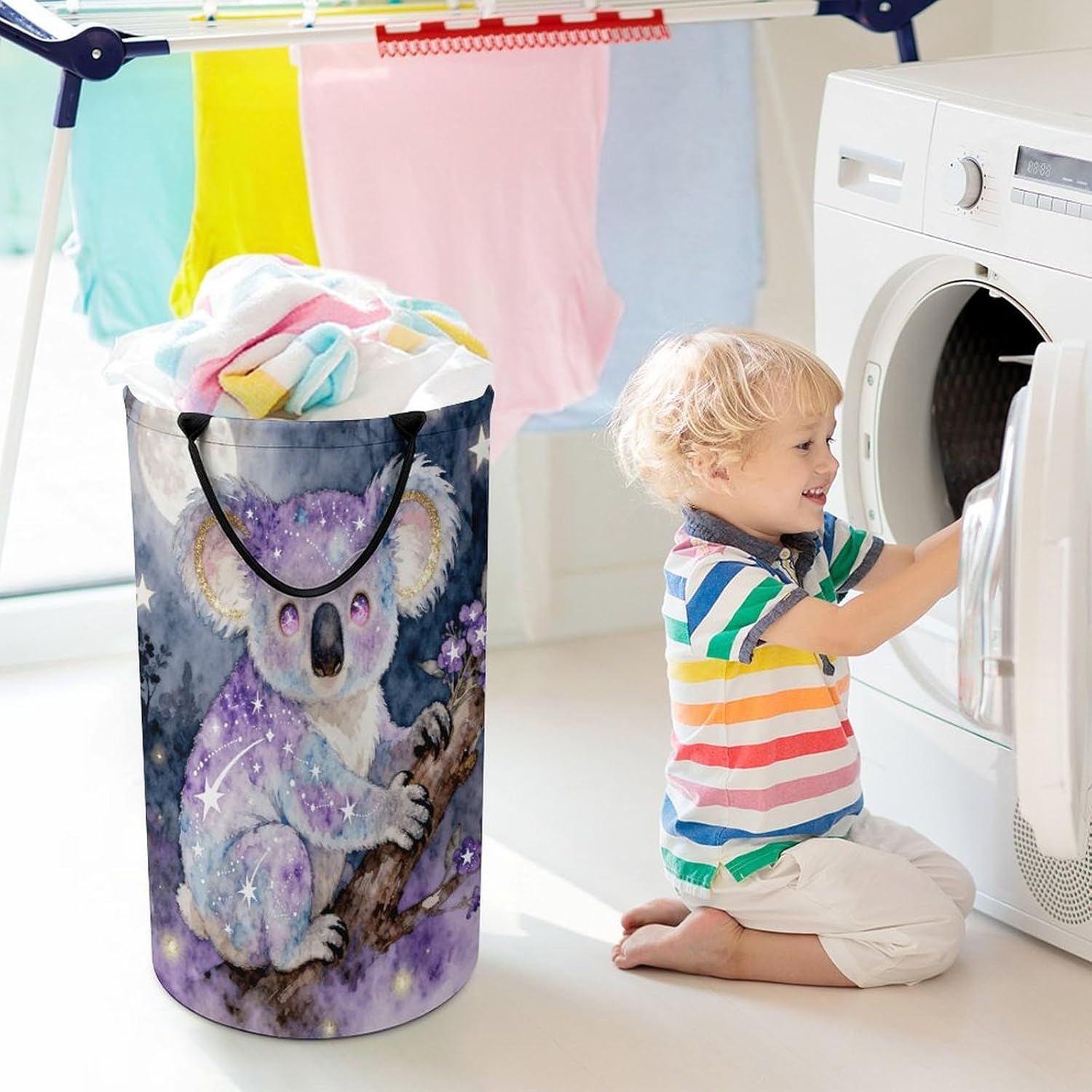 Galaxy Koala Laundry Hamper with Handles Waterproof Collapsible Laundry Basket Large Lightweight Round Dirty Clothes Hamper for Home Dorm Bathroom Decor