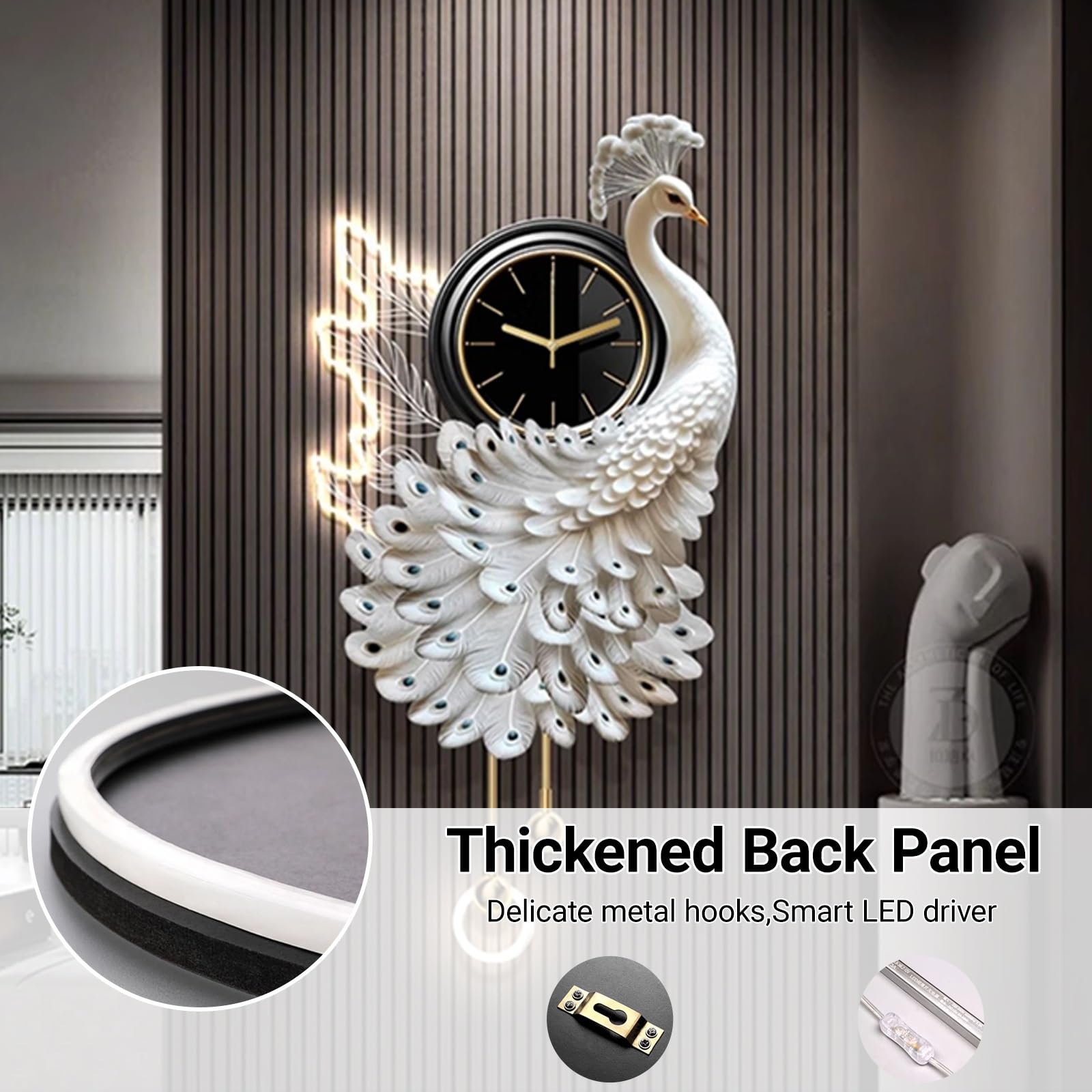 Orologio da parete 3D a forma di pavone con luce LED, orologio decorativo moderno con movimento silenzioso, scultura in porcellana di cristallo per ingresso soggiorno, 50 x 100 cm