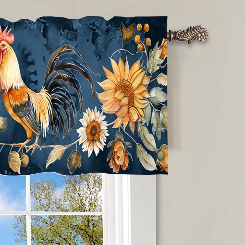 1 Panel Retro Rustic Rooster Kitchen Valance Curtains for Windows, Glam Colorful Chicken Floral Window Treatment Rod Pocket Drapes Valances for Bathroom, 54" X 18"