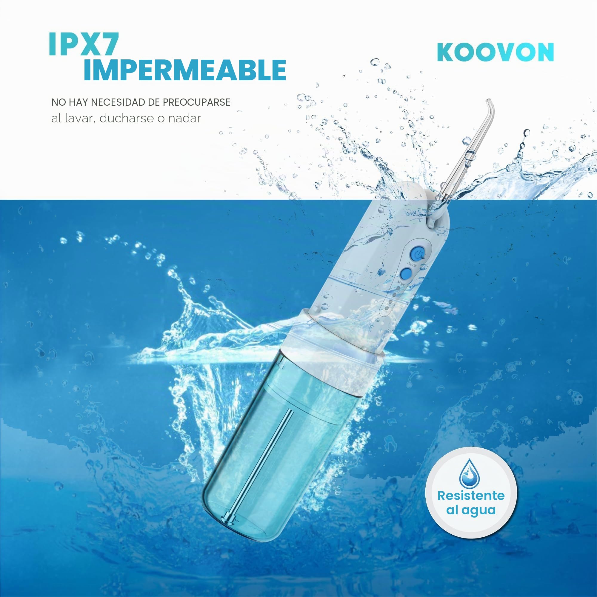 GEEDIAR Irrigador Bucal Portatil - 5 Boquillas, 4 Modos, 150ML, IPX7 Impermeable, Recargable USB-C, Limpieza Profunda para Dientes y Encías, Ideal para Hogar y Viajes, Azul