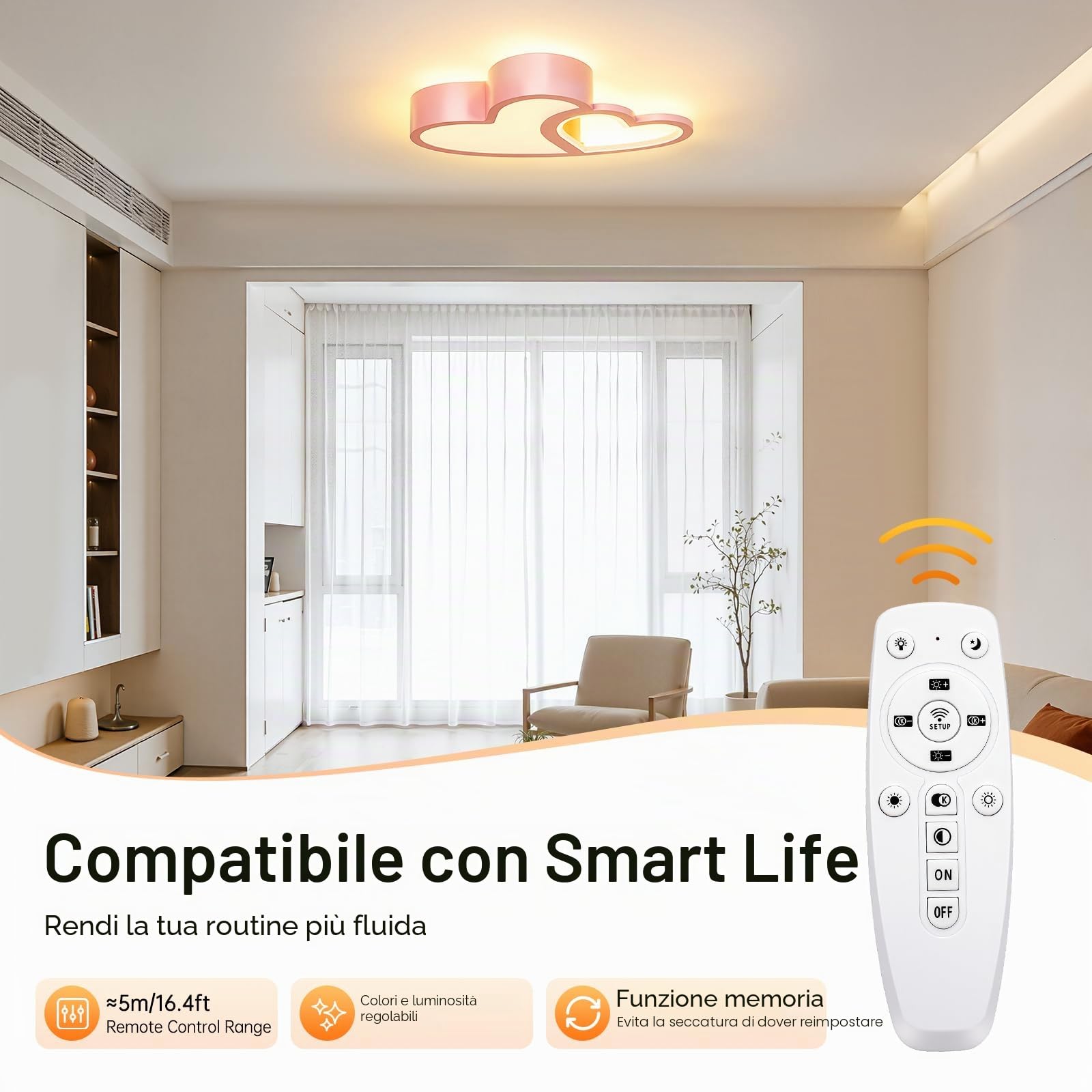 Lampada da Soffitto per Cameretta Bambini, Lampada da Soffitto a LED, Moderna Luce a Forma di Cuore, 40W, LED, 3 Colori di Luce, Dimmerabile