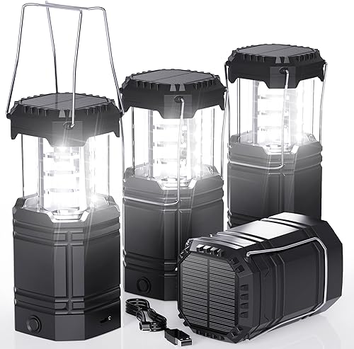 Paquete de 4 faroles solares para campamento con batería recargable de 1600 mAh, tiempo de funcionamiento de 30 horas, luz LED de tienda de campaña