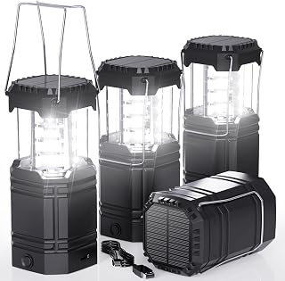 4 Pack Solar Camping Lantern with 1600mAh Rechargeable Battery, 30-Hour Runtime, 360° LED Tent Light & Super Bright Flashlight, Compact & Portable for Hiking, Emergency, Outdoor