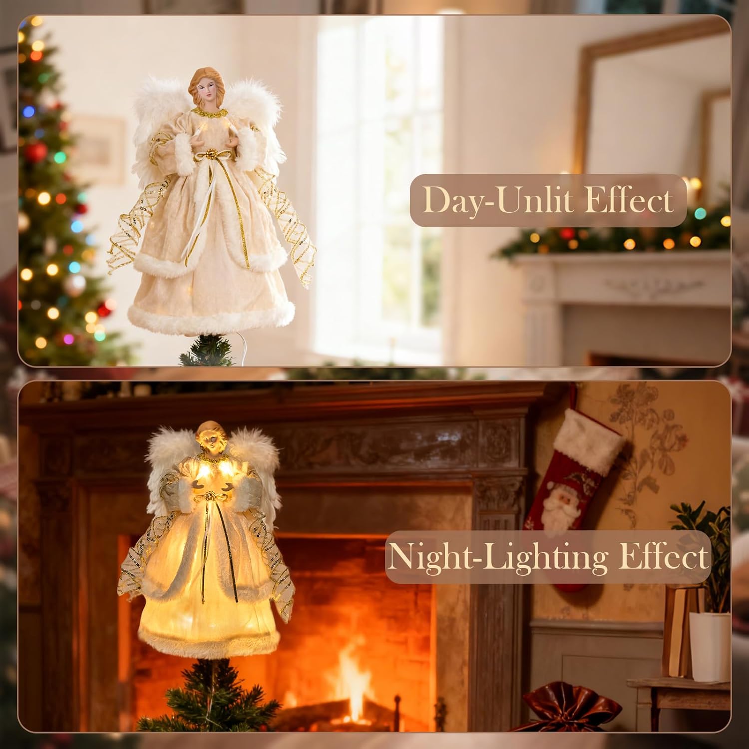 Angel Christmas Tree Topper, 13.7 Inch Angel Tree Topper with Lights, Christmas Tree Topper with White Feather Wings, Xmas Tree Topper for Christmas Decor Home Holiday Party,Apricot - Image 6