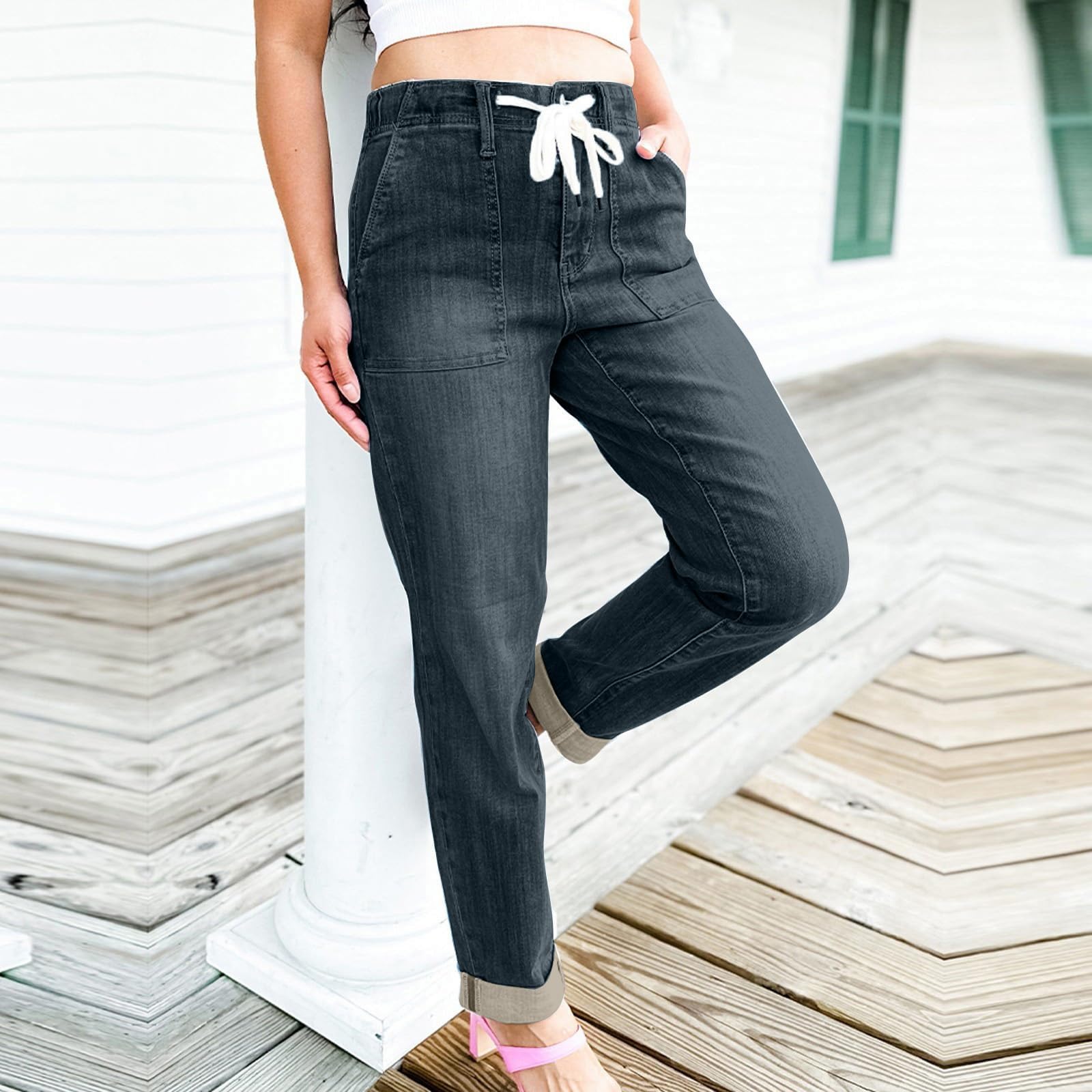 Generisch Jeans Damen Baggy Jeanshose Sommerhose Sommer Hosen Sommerjeans Kurzgröße Boyfriend Mom Jeans High Waist Stretch Y2K Freizeithose