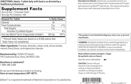 Miniatura 5 de Klaire Labs SFI Health Quelato de hierro masticable – 30 miligramos de hierro elemental, fácil en el estómago e hipoalergénico, sabor a cereza