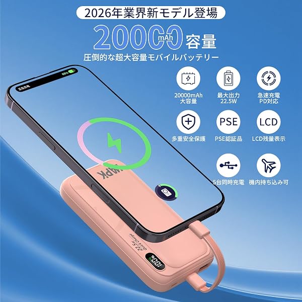 モバイルバッテリー 20000mAh 安心大容量 22.5W 急速充電 複数デバイス同時充電対応(最大5台まで) 軽量 薄型 コンパクト 3種ケーブル内蔵(Type-C/Lightning/Micro USB) USB-C入出力 LED残量表示 PSE認証済 iPhone Android対応 ホワイト (ピンク) - 2