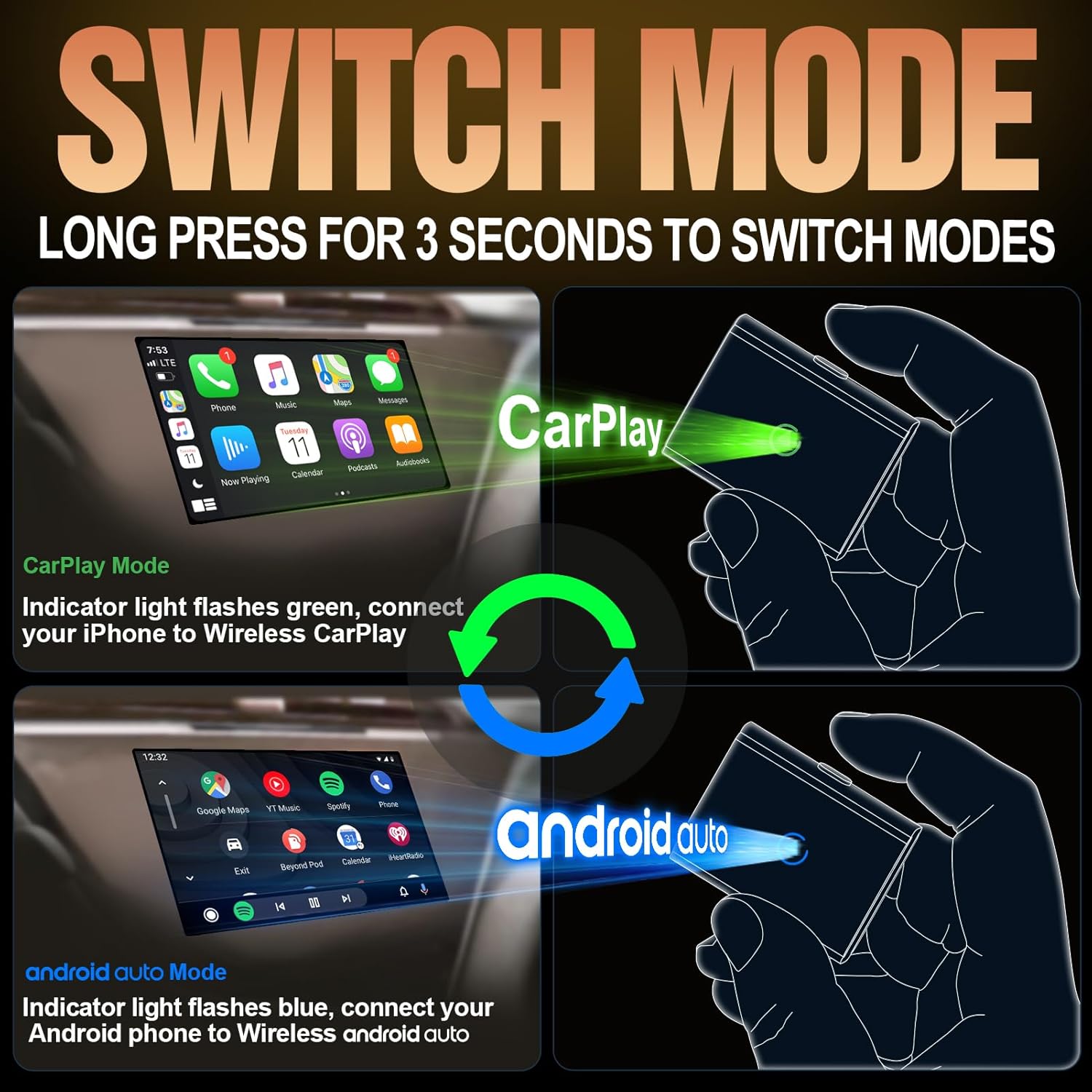 Wireless CarPlay Adapter, 2-in-1 CarPlay & Android Auto Adapter, Easy Upgrade from Wired to Wireless, Plug & Play, Compact Design for Seamless Connectivity, Low Latency & High Compatibility