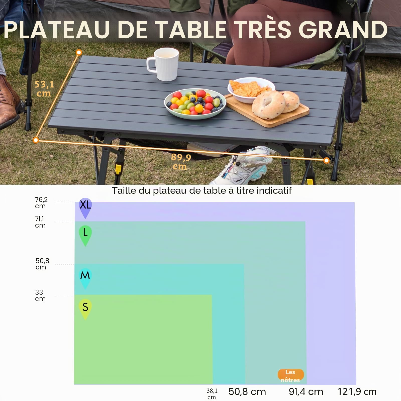 Portal Table de camping pliante réglable en aluminium 90 x 53 cm pour 4 personnes