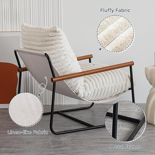 Miniatura 7 de MAXYOYO Silla decorativa, sillón Sherpa para sala de estar, sillas de acento modernas de mediados de siglo, silla de dormitorio de lectura Boucle,