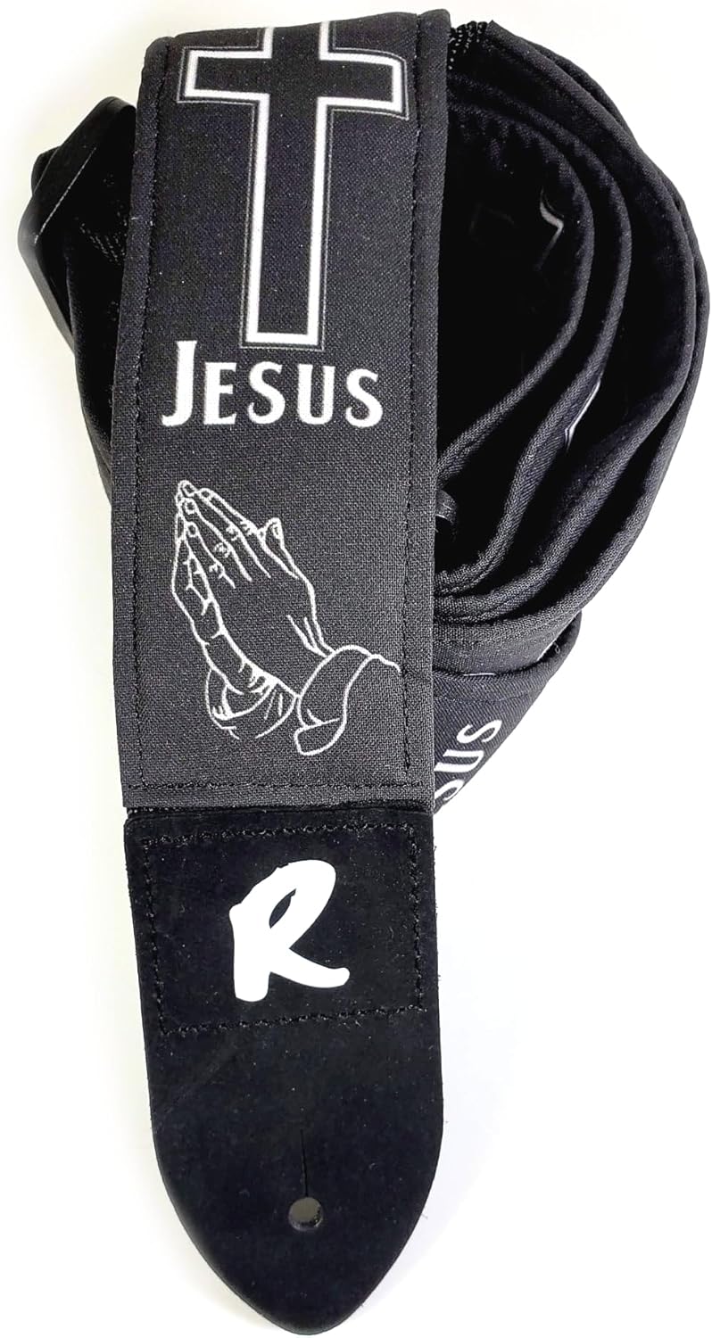 Jesus Guitar Strap, Black and Gray Genuine Leather Ends, Includes 2 Strap Locks & 1 Pick. Adjustable Strap, For Bass, Electric & Acoustic Guitars Gift for Guitar Players Men, Women & Kids