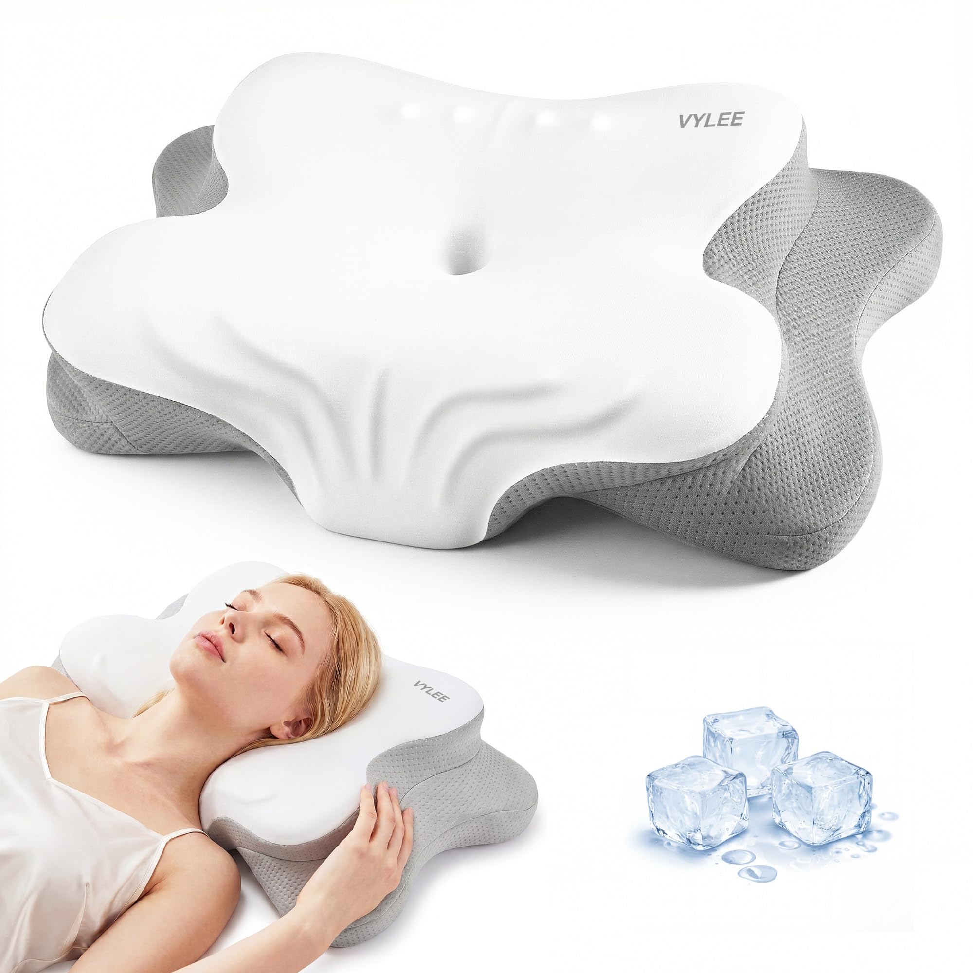 VYLEE Cervical Neck Pillow for Pain Relief, Ergonomic Memory Foam Pillow for Neck Support, Cooling Contour Orthopedic Pillow for Side, Back & Stomach Sleepers