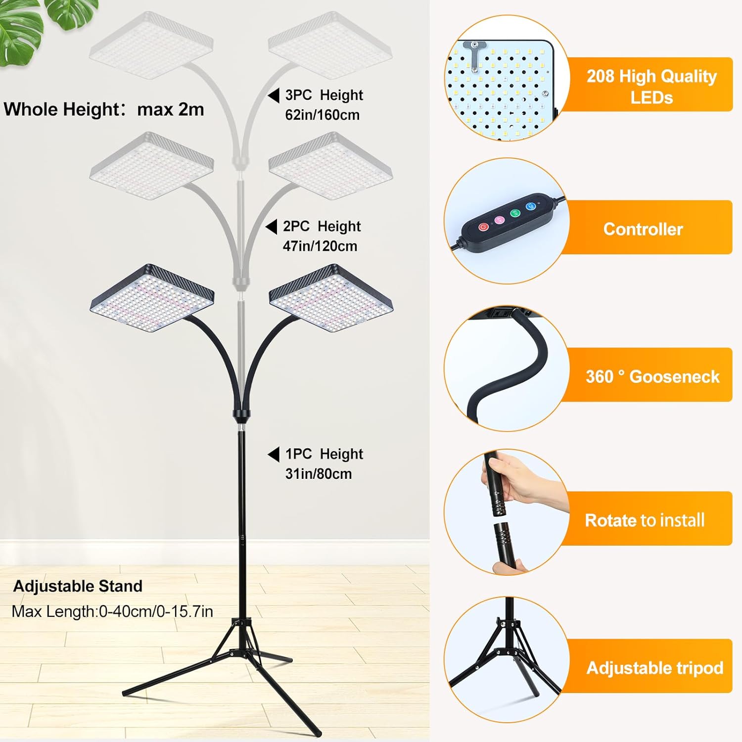 FECiDA 2026 2Head Grow Lights with Upgraded Stand, Big Coverage Grow Lights for Indoor Large Plants, Bonsai Tree, 4/8/12/16/20 Hr Timer, 50 Watt Power Draw, NO Need Adapter, 24"-76" Height Adjustable