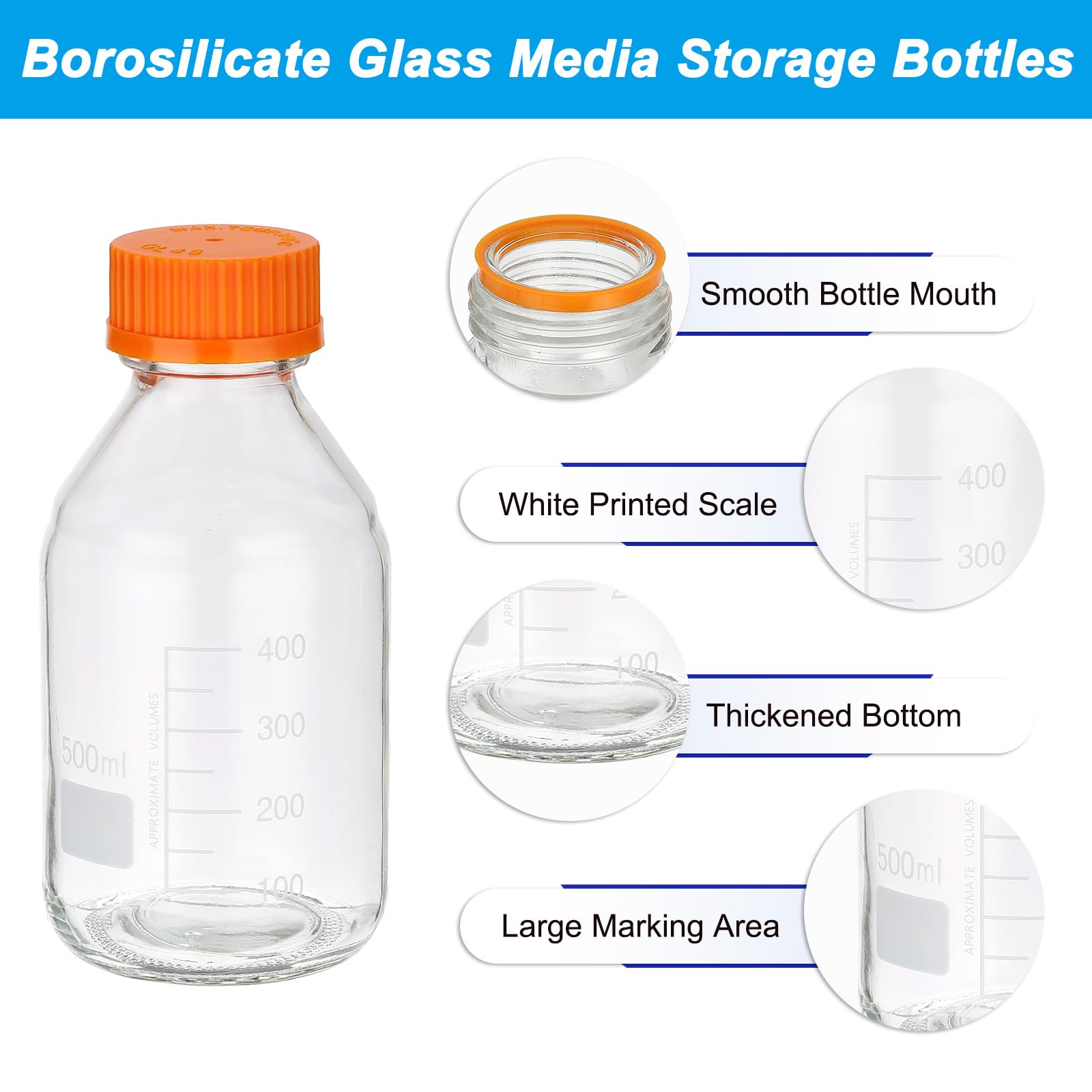 PATIKIL 4 Pack Flacons De Stockage Pour Milieux Réactifs, 500ml Bouteilles Graduées En Verre Borosilicaté Avec Bouchon Visse Orange GL32 Pour Liquides Réactifs De Laboratoire, Transparent