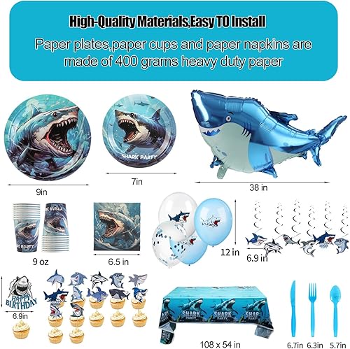 Miniatura 3 de Suministros de fiesta de cumpleaños de tiburón para niños, vajilla de fiesta de tiburón, 206 piezas para servir a 20 invitados, decoraciones de