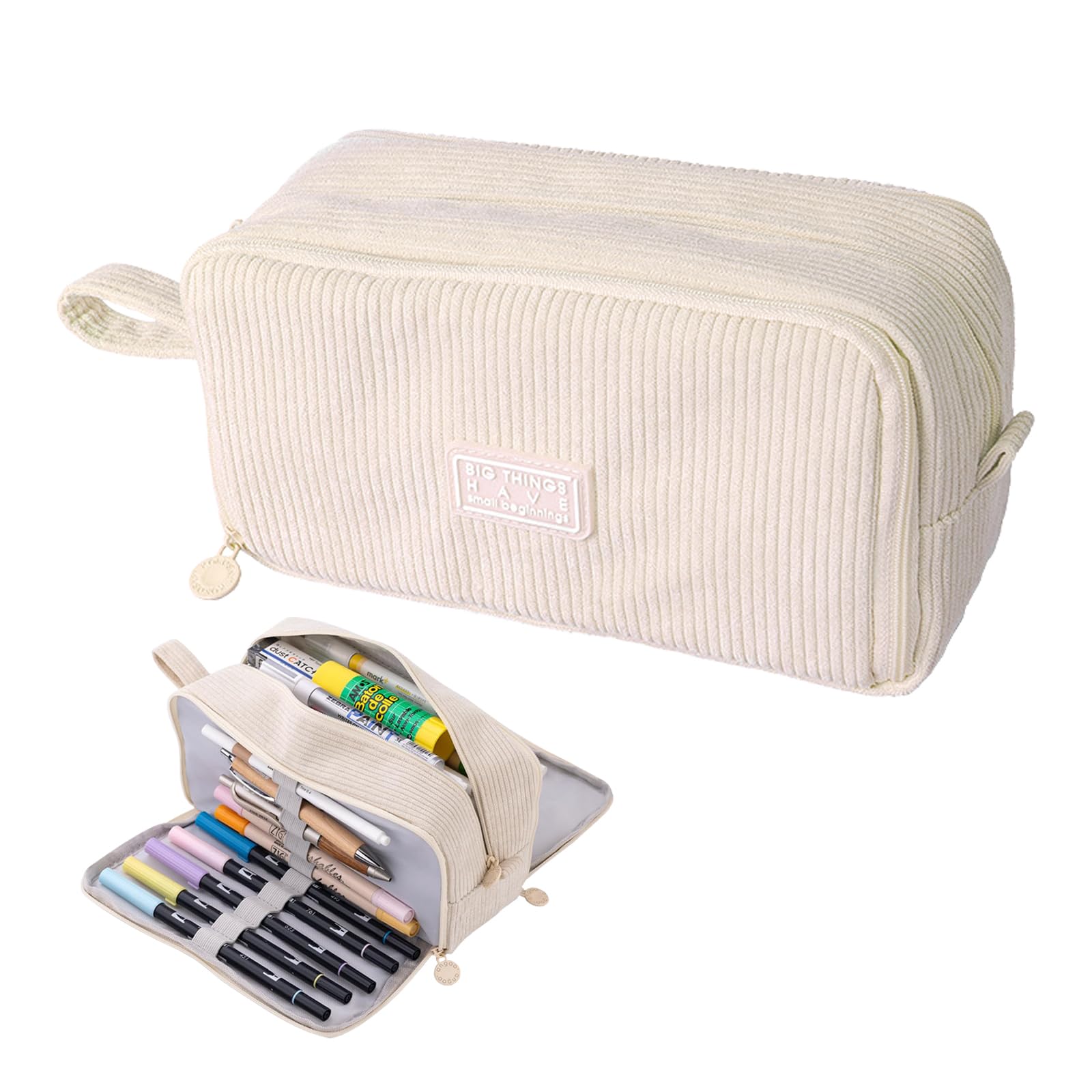 HSYWSH Pencil Case, Double-Layer Corduroy Pencil Case with 3 Compartments, Large Capacity School Pencil Pouch, Portable Stationery Marker Pen Case Stationery Organizer for School Office (Beige)