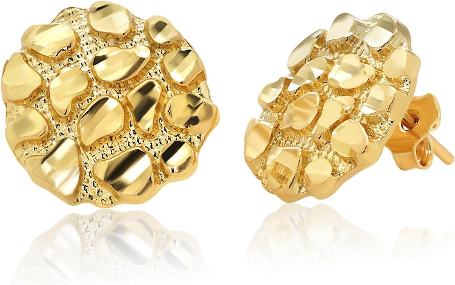 Textured 14k Yellow Gold Round Nugget Stud Earrings with Push Back - 5 Sizes