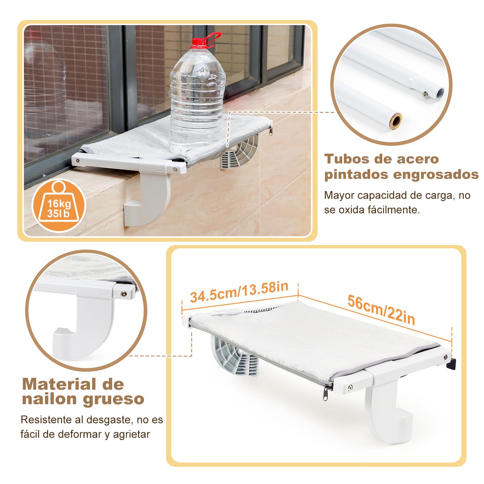 GUUSII HOME Hamaca Cama Gato Ventana Ajustable Amaca Colgante con Ventosa para Gatos de Interior Soporta hasta Fácil de Montar y Mover Durable Sin Taladro Sin Succión（S