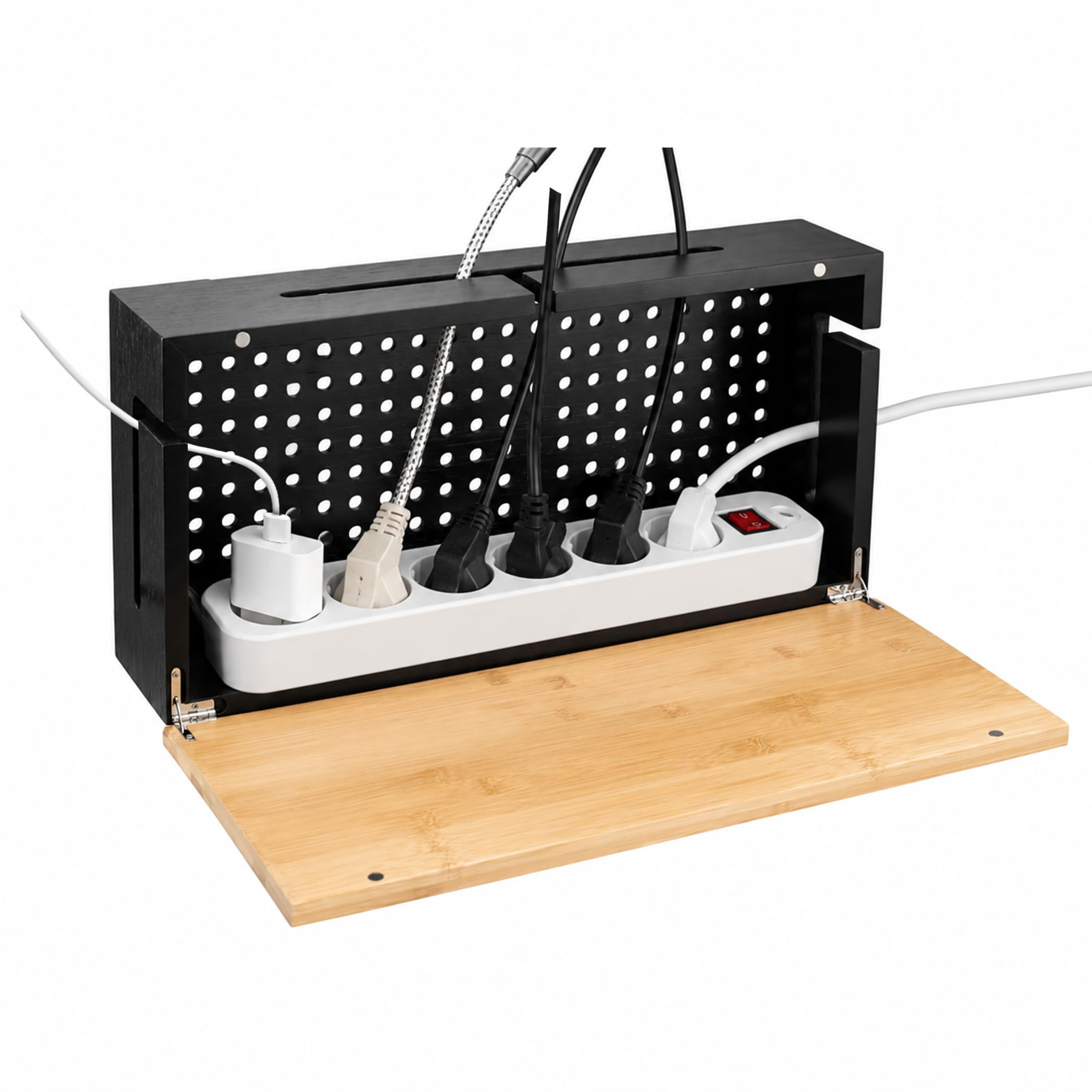 Kabelmanagement Box aus Bambus 41×20×11 cm – Magnetischer Deckel – Kabel Organizer für Schreibtisch & TV – Kabelbox zur Kabelaufbewahrung – inkl. Montagematerial für Wandbefestigung (Schwarz L)