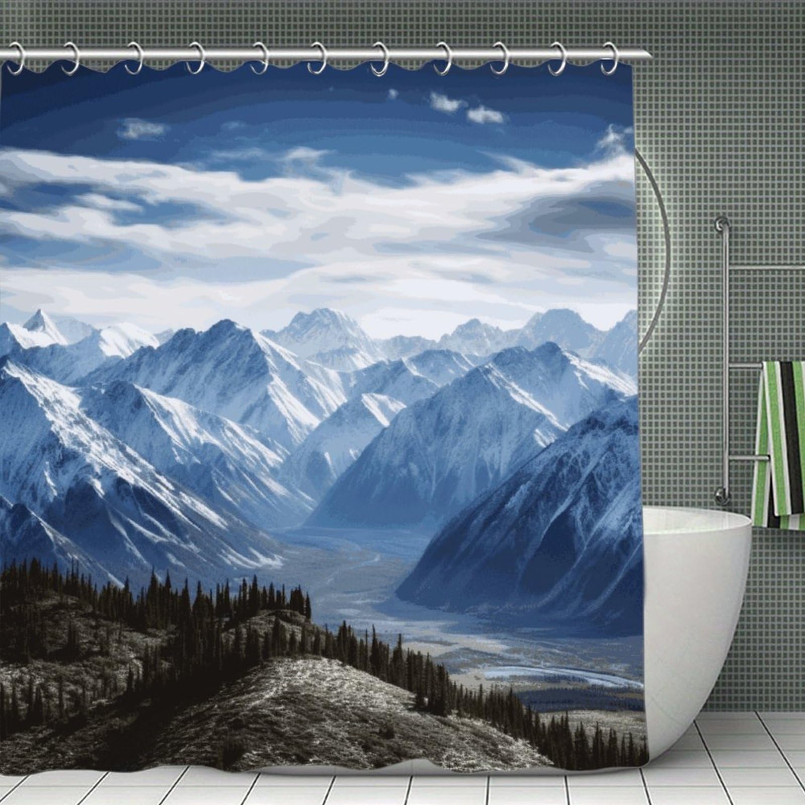 VstaDank Mountain View Shower Curtain Light-Weight Blackout Bathroom Curtain Washable Shower Liner 71x71 Inch Bath Curtain with Metal Holes Bathtub Bath Room