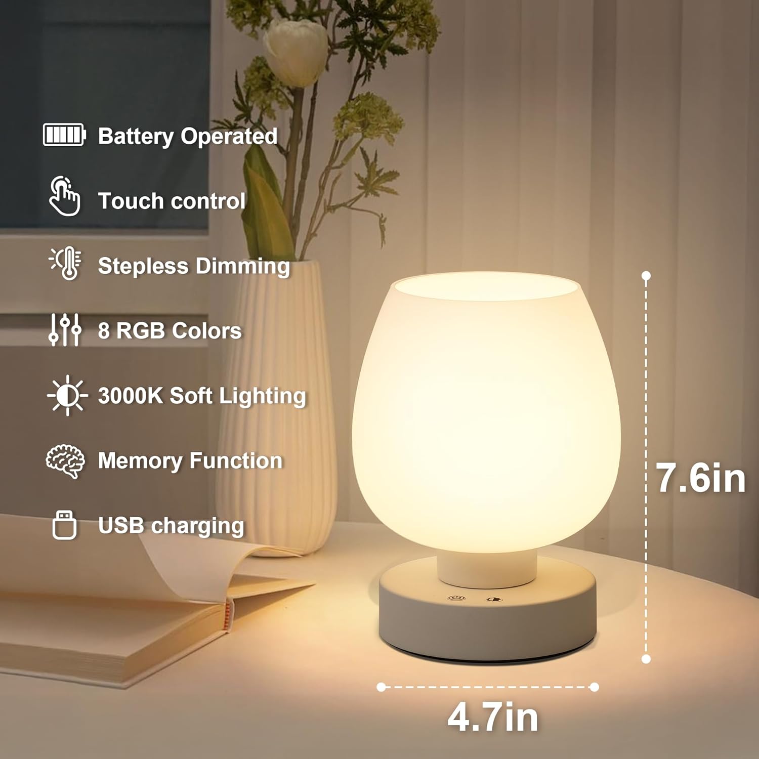 Cordless Touch Bedside Table Lamp, Rechargeable Battery Operated Desk Lamps with 8 RGB Colors, Dimmable Small Glass Nightstand Light for Living Room Bedroom Kitchen Counter