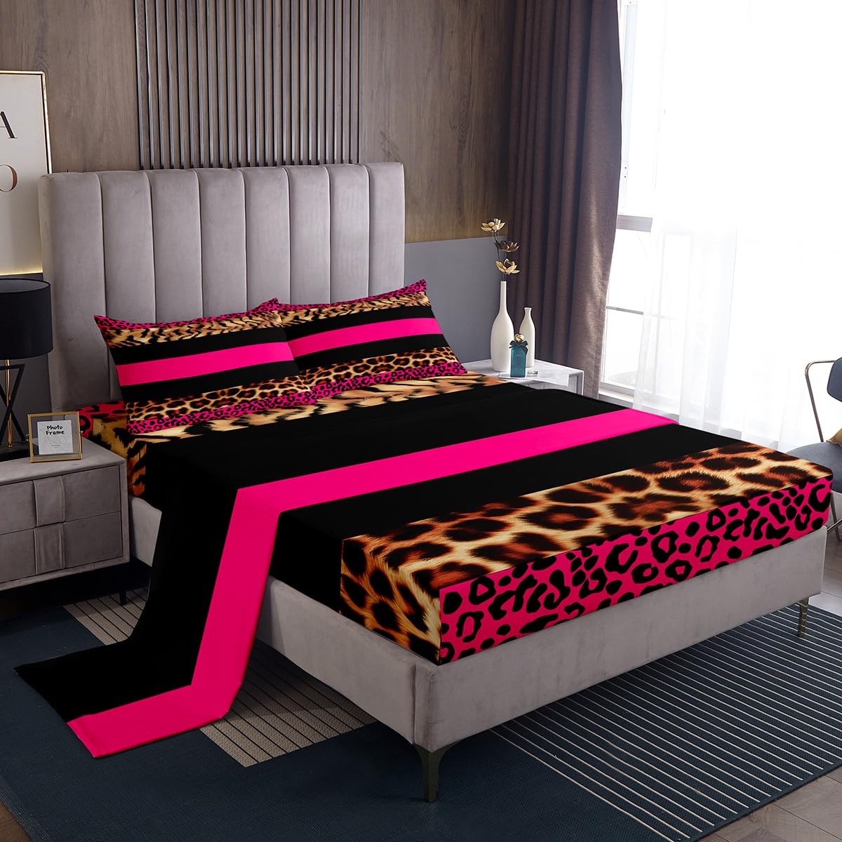 Parure de lit léopard rose drap safari poche profonde literie microfibre Loussiesd