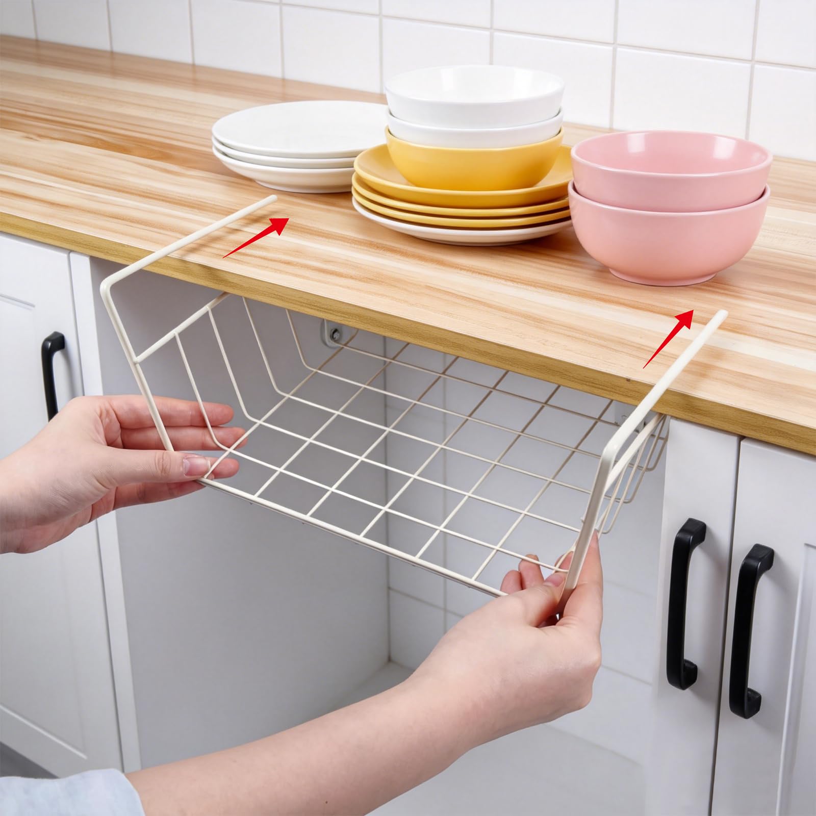 8 cestas de alambre blanco para debajo de los estantes, cesta de alambre colgante para almacenamiento debajo de armarios de cocina, encimeras de cocina, despensas, escritorios, 31,4 x 24,2 x