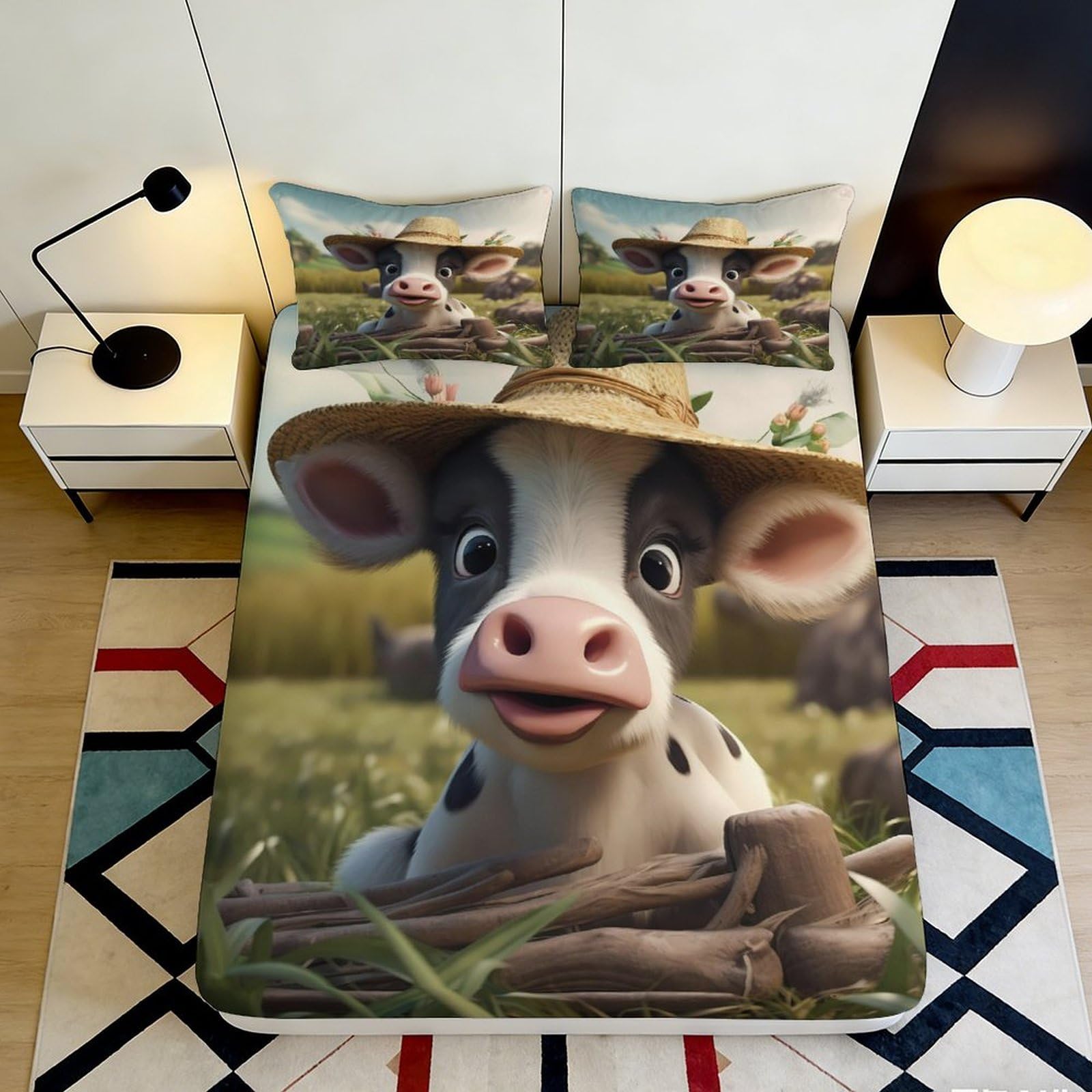 3D Printed Cute Cartoon Cow Fitted Sheet Microfiber Soft Breathable Farm Animal Bed Cover for Bedroom Dormitory Guest Room Mattress Protection Decor 140x200x25cm