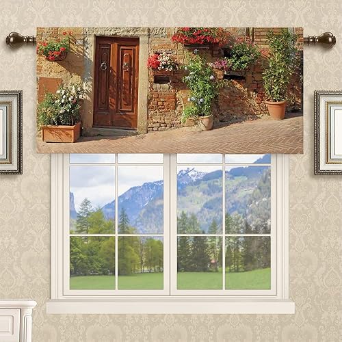 Miniatura 2 de Cortina de cenefa de cocina, patrón toscano floral, bolsillo para cortinero de ventana, para ventanas, dormitorio, baño, 60 x 18 pulgadas, marrón