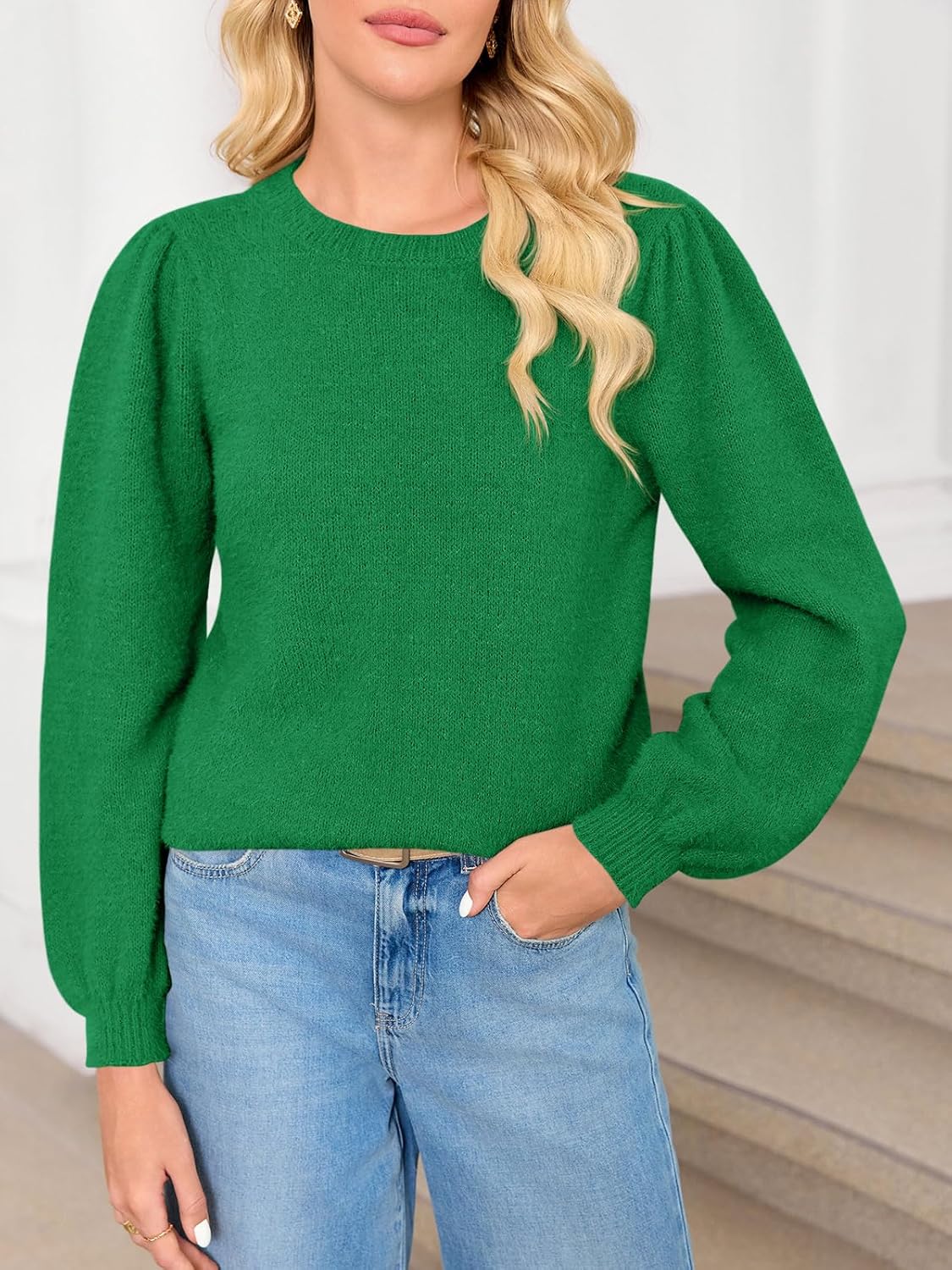 Saodimallsu Womens Puff Long Sleeve Sweaters Fall Crew Neck Cozy Soft Knit Loose Casual Pullover Tops - Image 3