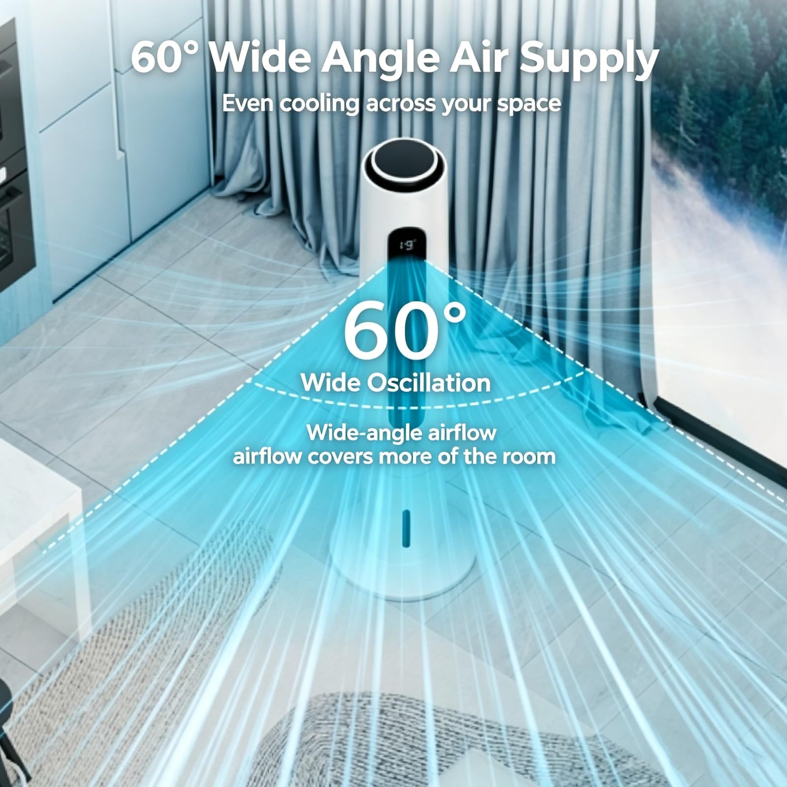 Wentylator Wieżowy Chłodzony Wodą o Średnicy 110cm do Sypialni | Klimatyzator Parowy, Oscylacyjny 60°, 3 Prędkości, 4-litrowym Zbiornikiem na Wodę, Tryb Cichego Snu do Biura Domowego