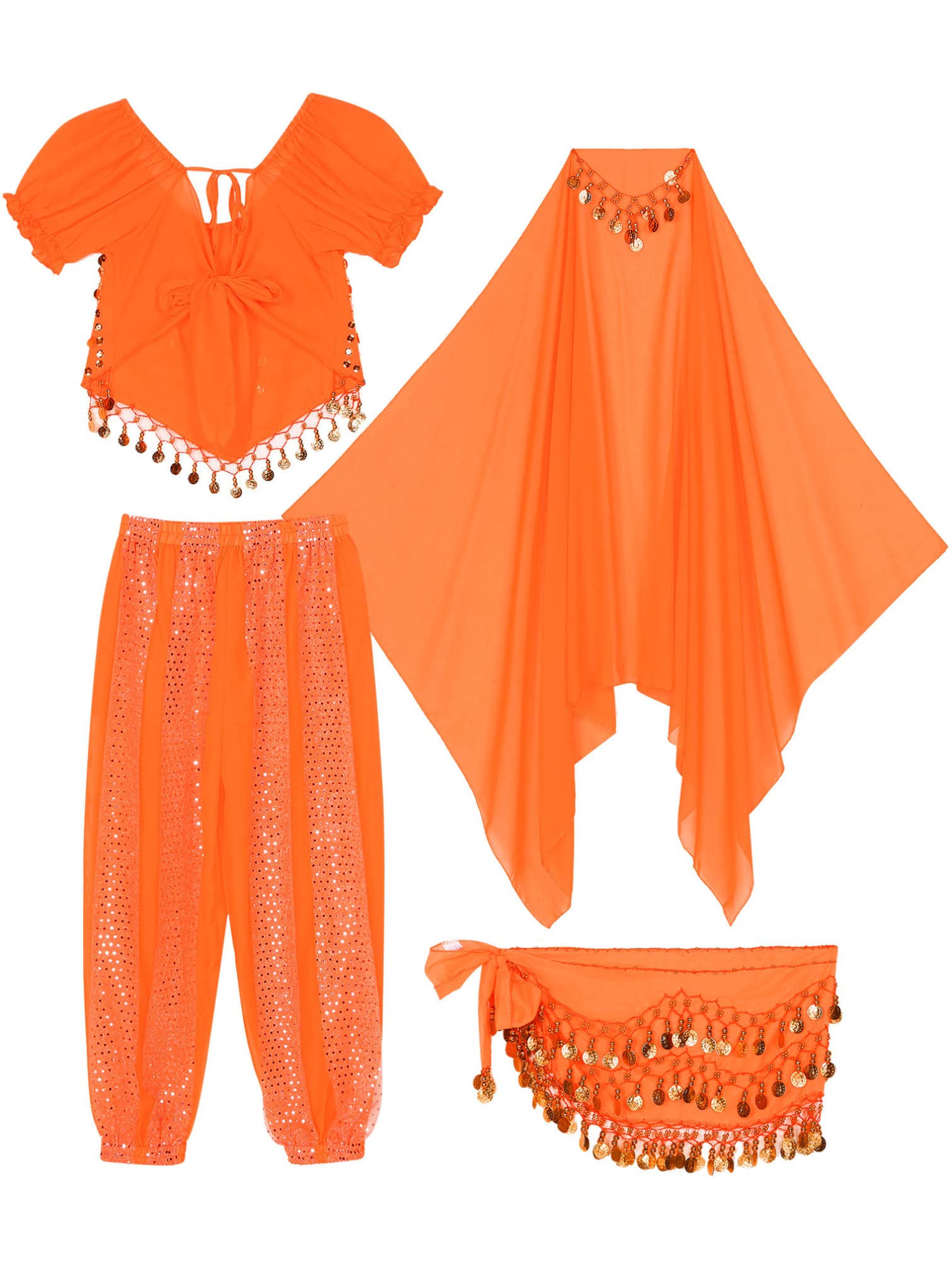 MSemis Damen Bauchtanz Kostüm Set Pailletten Tanzkleidung Indische Tanz Performance-Kleidung Halloween Karneval Tanzende Professionel Kostüm