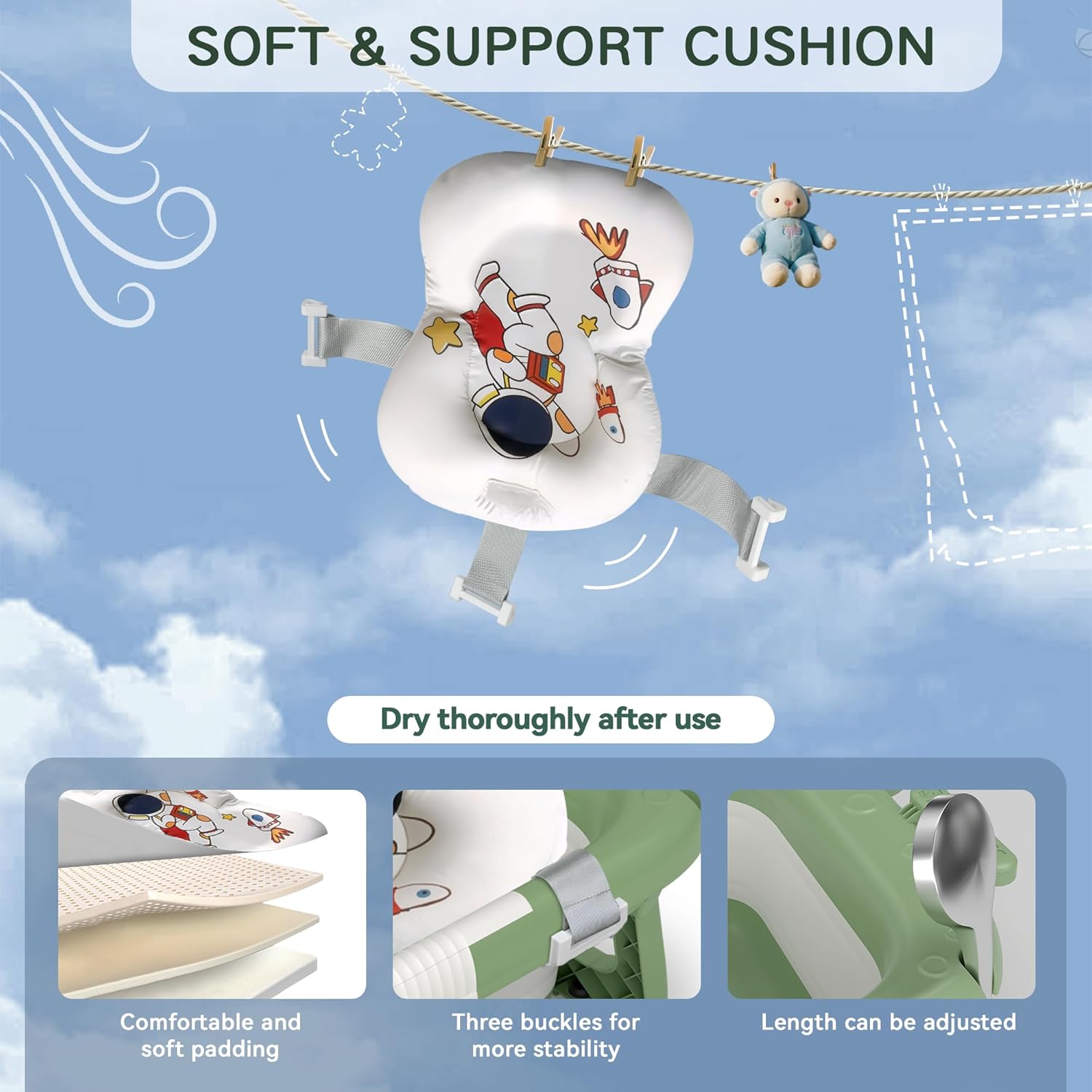 Collapsible Baby Bathtub for Newborn to Toddler (0-24 Months), Portable Baby Bath Tub for Travel, Newborn Bathtub with Soft and Supportive Cushion (Astronaut-Green)