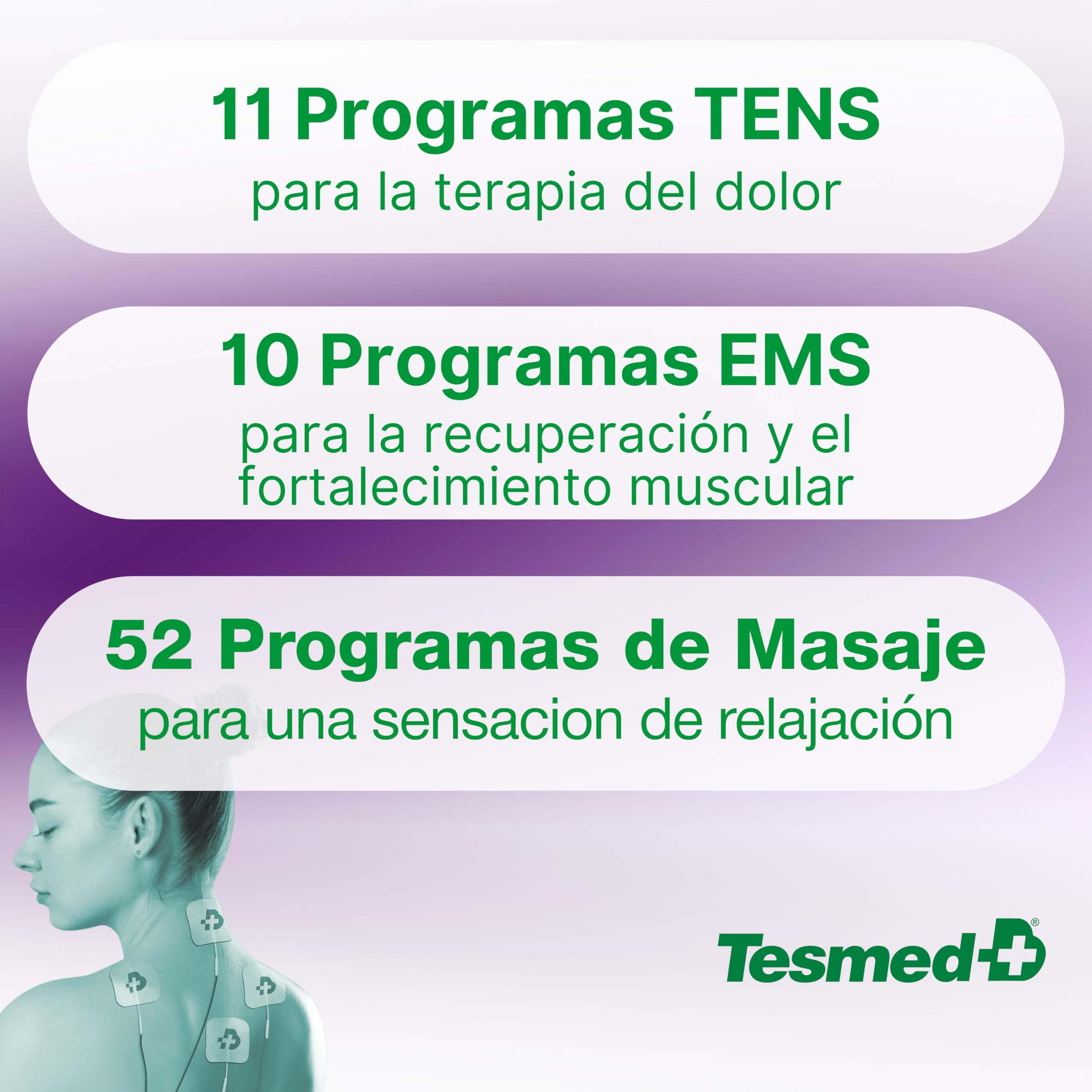 TESMED TE-880R Plus Electroestimulador Muscular Recargable, EMS, TENS, Masaje - 73 programas incluidos 2 personalizables - Funciona con 8 electrodos